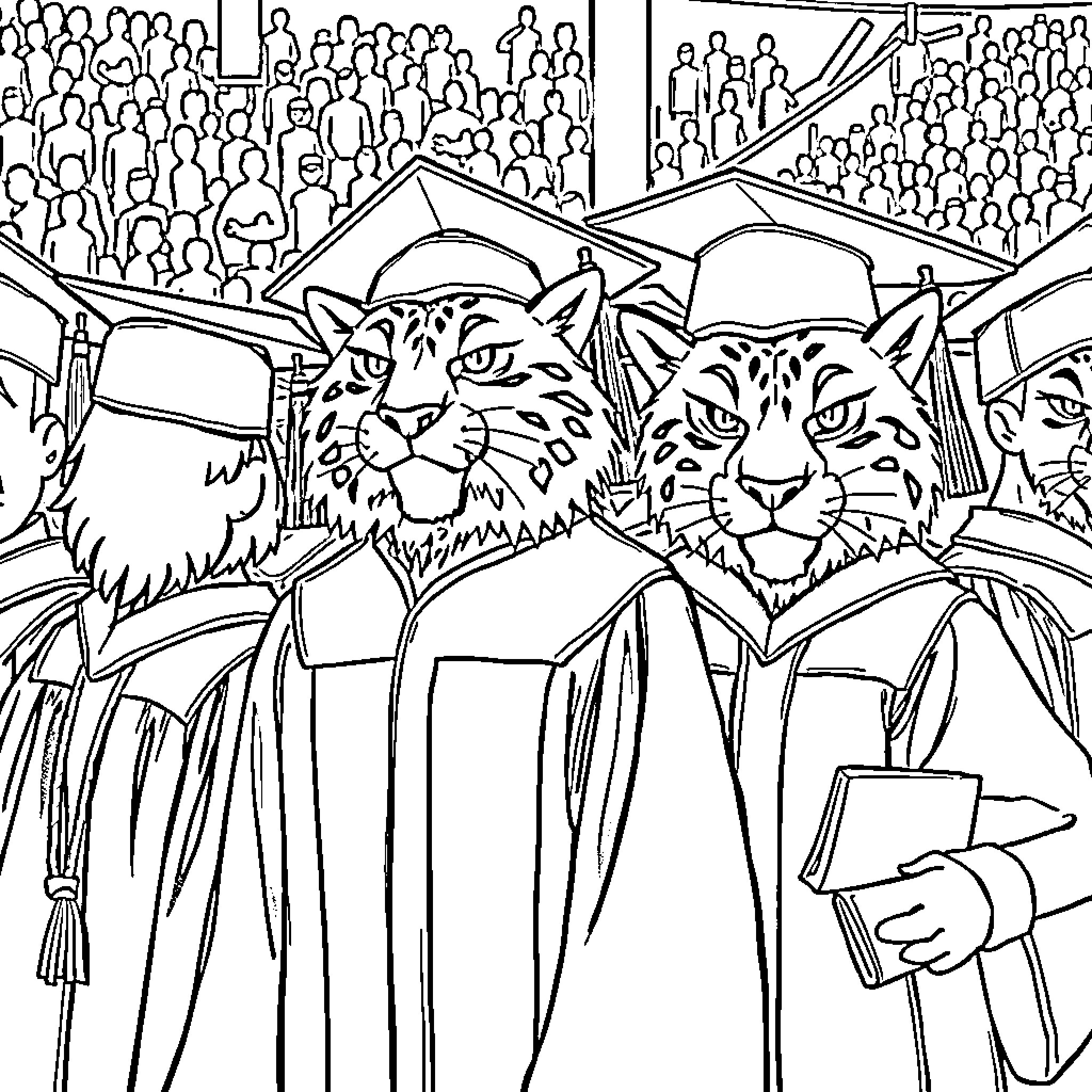 Wildcat Graduates Celebrate Academic Success Coloring Page (free black-and-white line drawing printable PDF for all, from beginners to advanced learners, including children, teens, adults, and seniors)