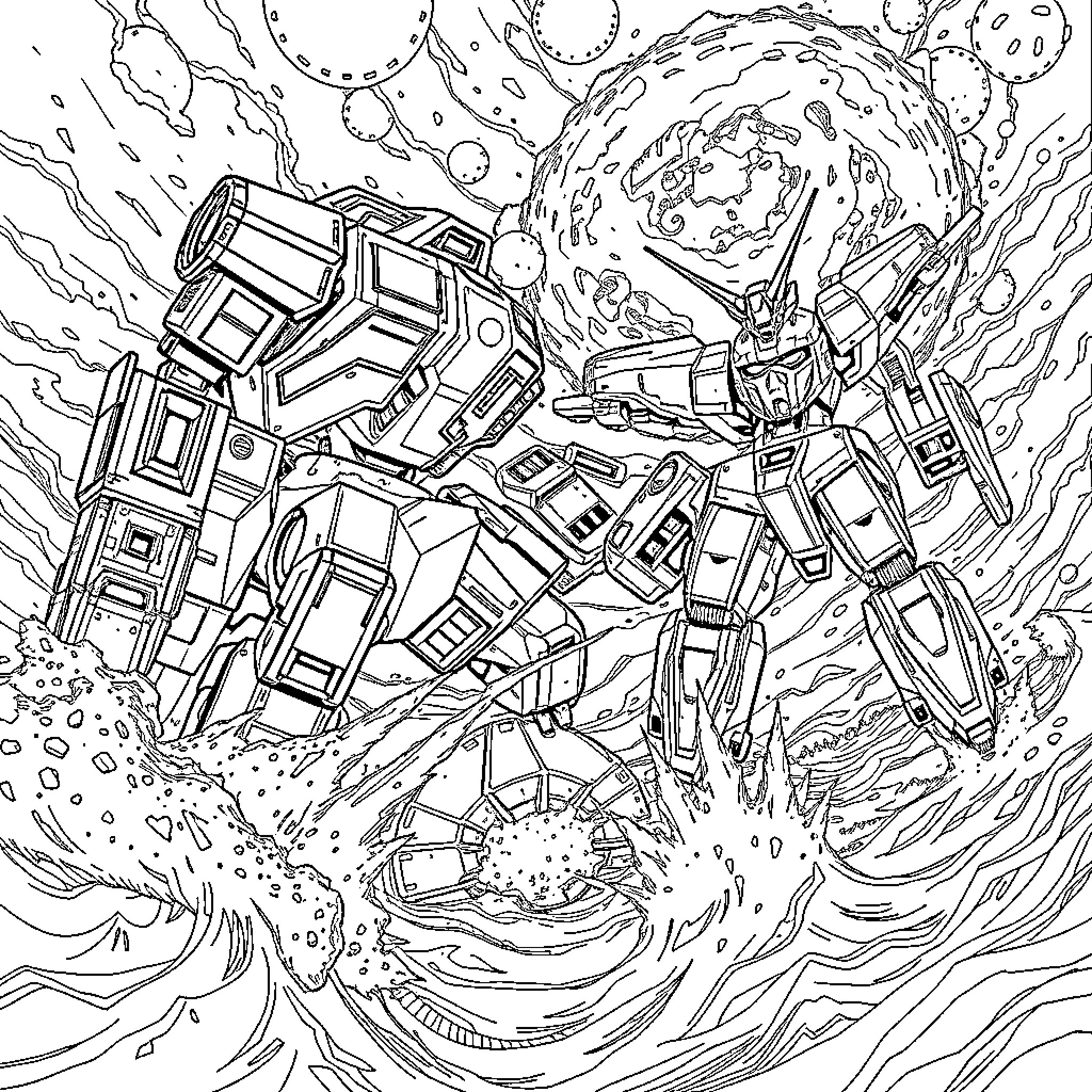 Robots battling in outer space Coloring Page (free black-and-white line drawing printable PDF for all, from beginners to advanced learners, including children, teens, adults, and seniors)