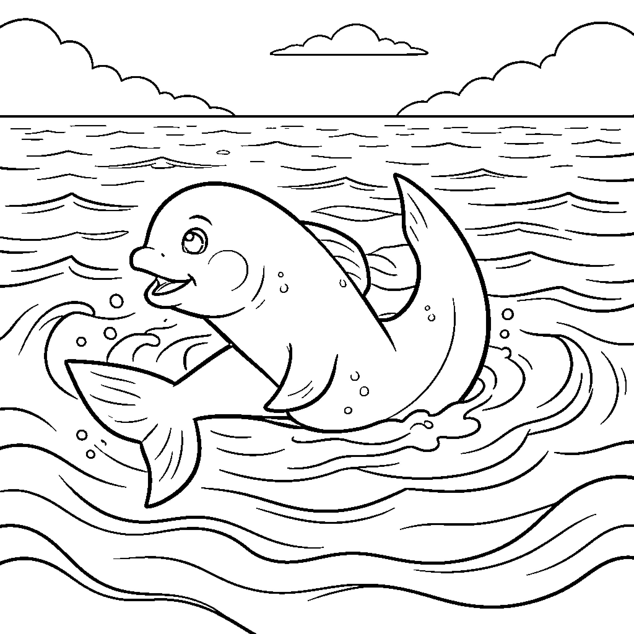 Dolphin jumping happily through ocean waves Coloring Page (free black-and-white line drawing printable PDF for all, from beginners to advanced learners, including children, teens, adults, and seniors)