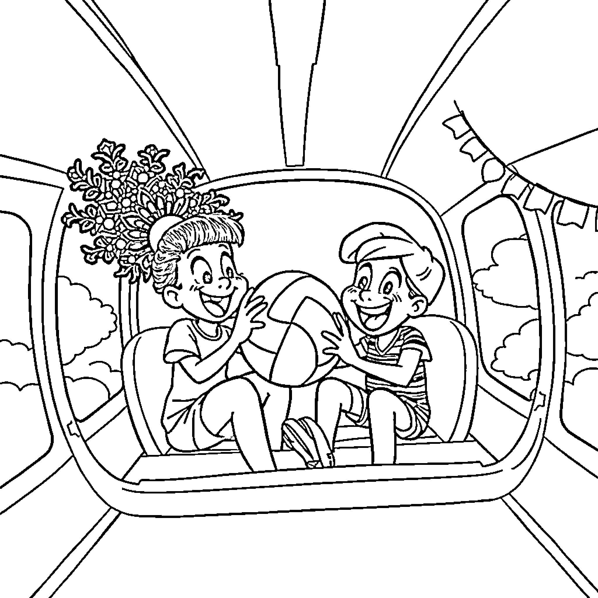 La Grande Combinasion: Children Playing and Sharing Laughter in a Gondola Coloring Page (free black-and-white line drawing printable PDF for all, from beginners to advanced learners, including children, teens, adults, and seniors)
