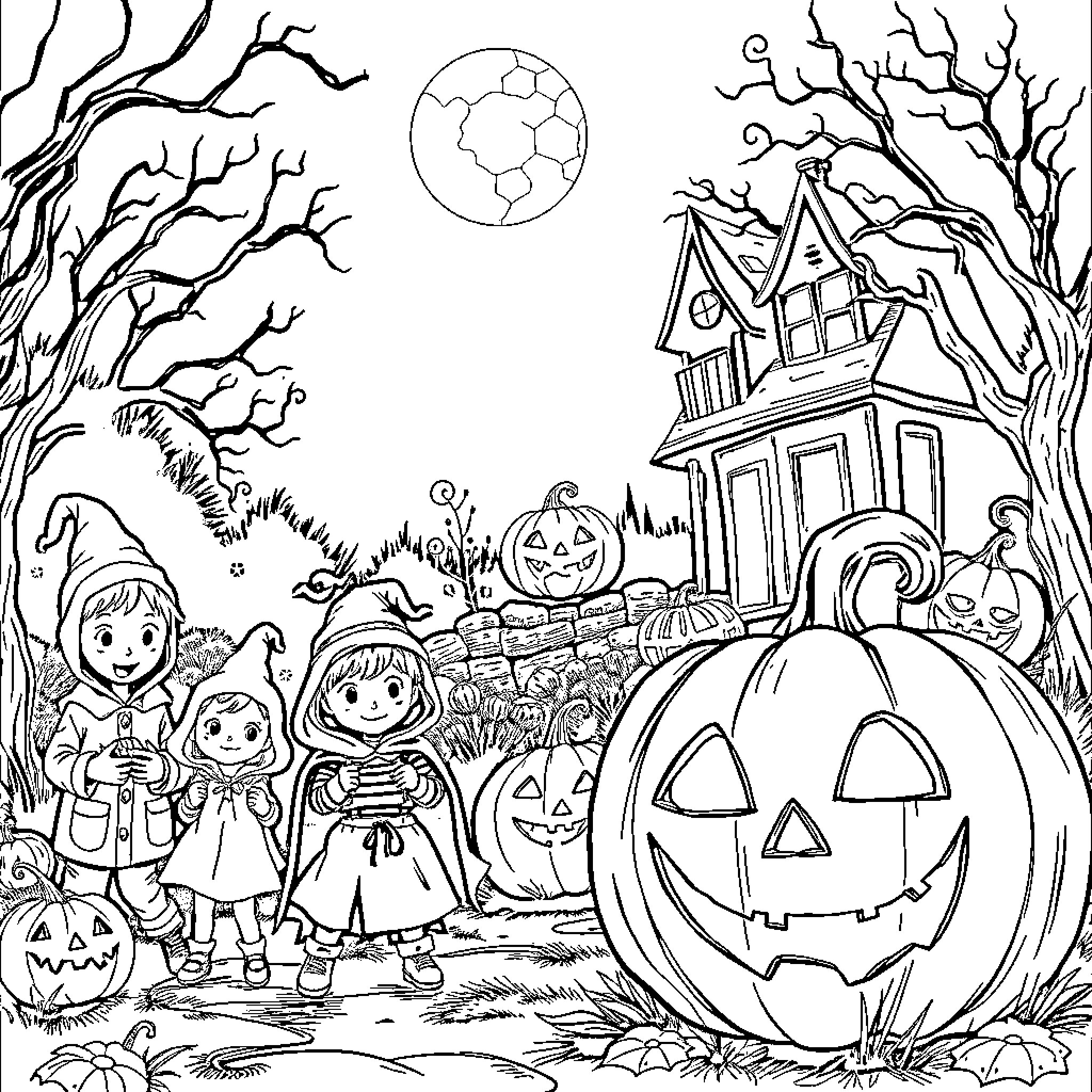 Halloween Kids Trick-or-Treating at Haunted House Coloring Page (free black-and-white line drawing printable PDF for all, from beginners to advanced learners, including children, teens, adults, and seniors)