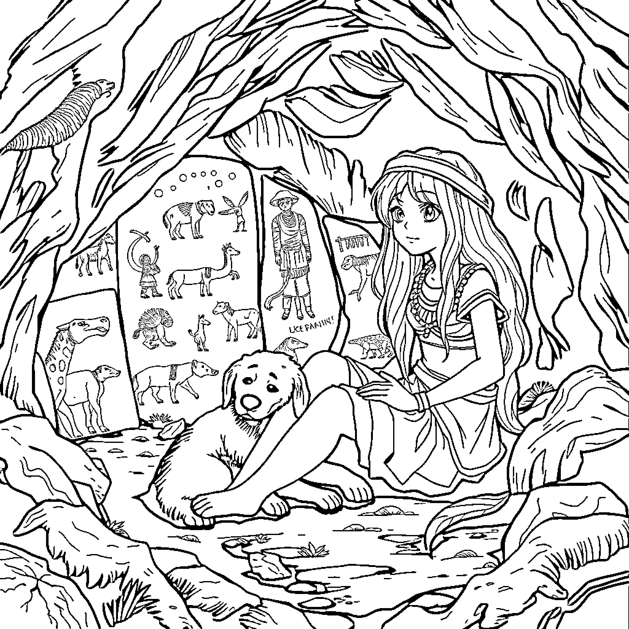 Girl Exploring Vibrant Nature with Animal Friends Coloring Page (free black-and-white line drawing printable PDF for all, from beginners to advanced learners, including children, teens, adults, and seniors)