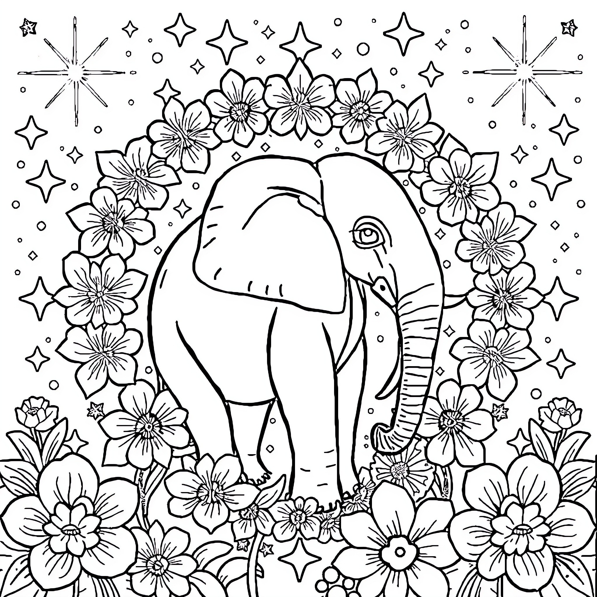 Elephant surrounded by floral wreath and stars Coloring Page (free black-and-white line drawing printable PDF for all, from beginners to advanced learners, including children, teens, adults, and seniors)