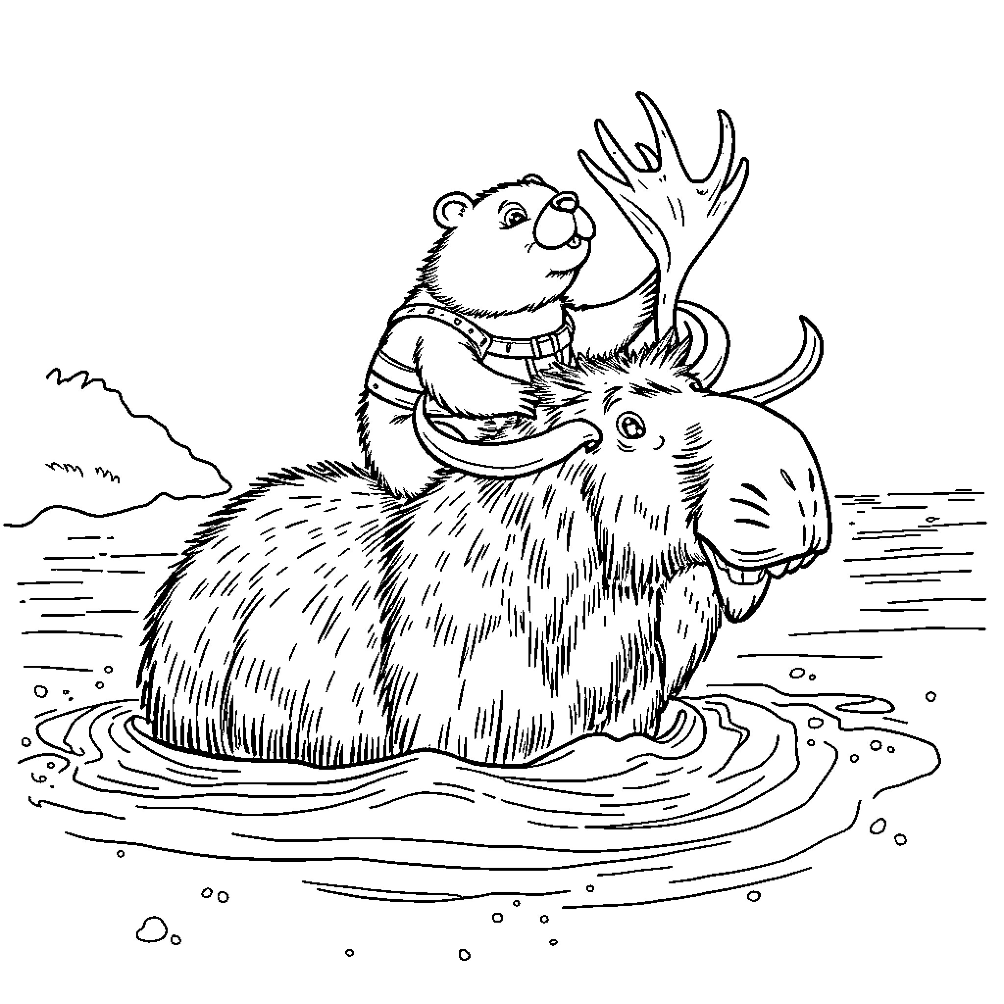 Beaver Riding a Moose in the Water Coloring Page (free black-and-white line drawing printable PDF for all, from beginners to advanced learners, including children, teens, adults, and seniors)
