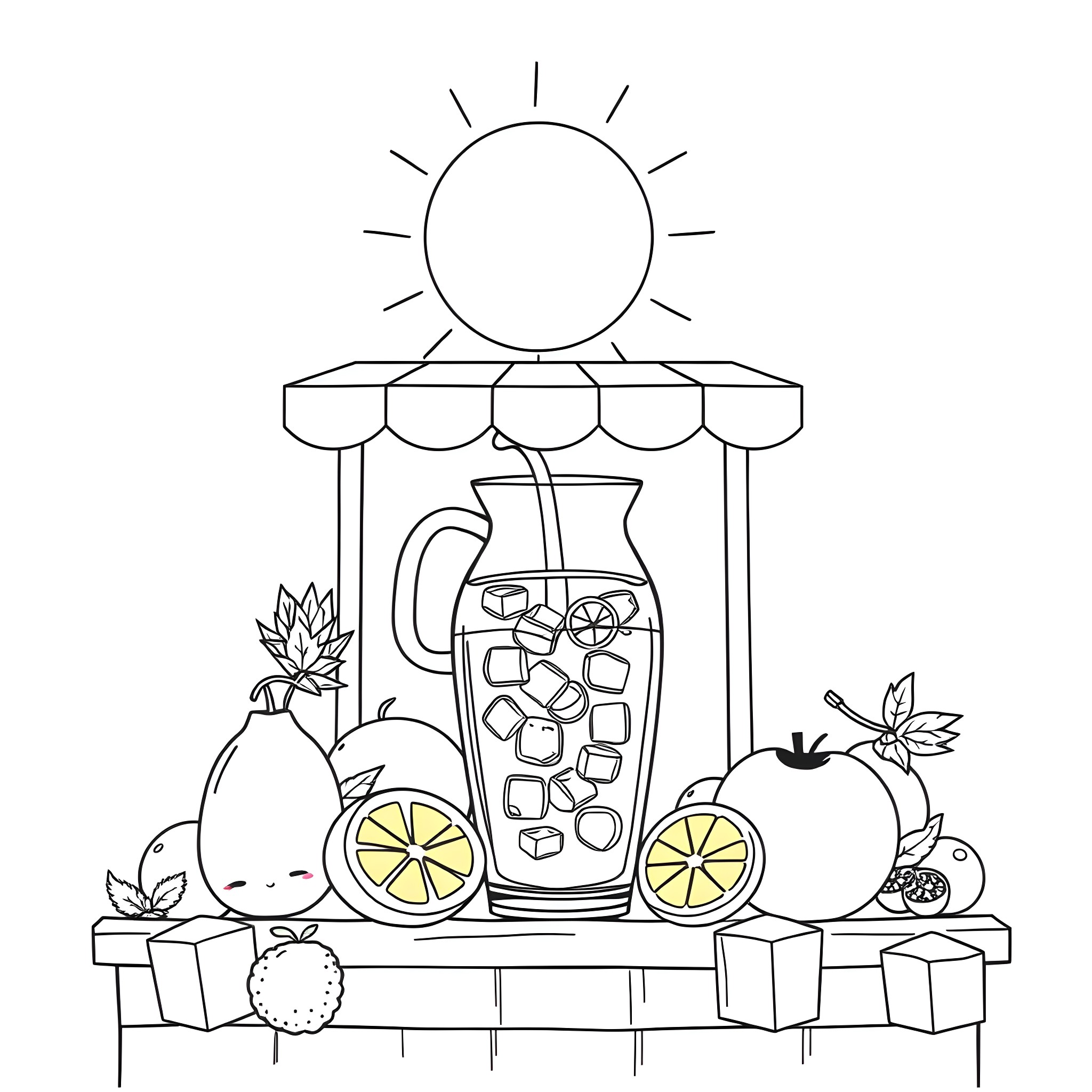 Lemon-themed refreshing drink on a sunny day Coloring Page (free black-and-white line drawing printable PDF for all, from beginners to advanced learners, including children, teens, adults, and seniors)