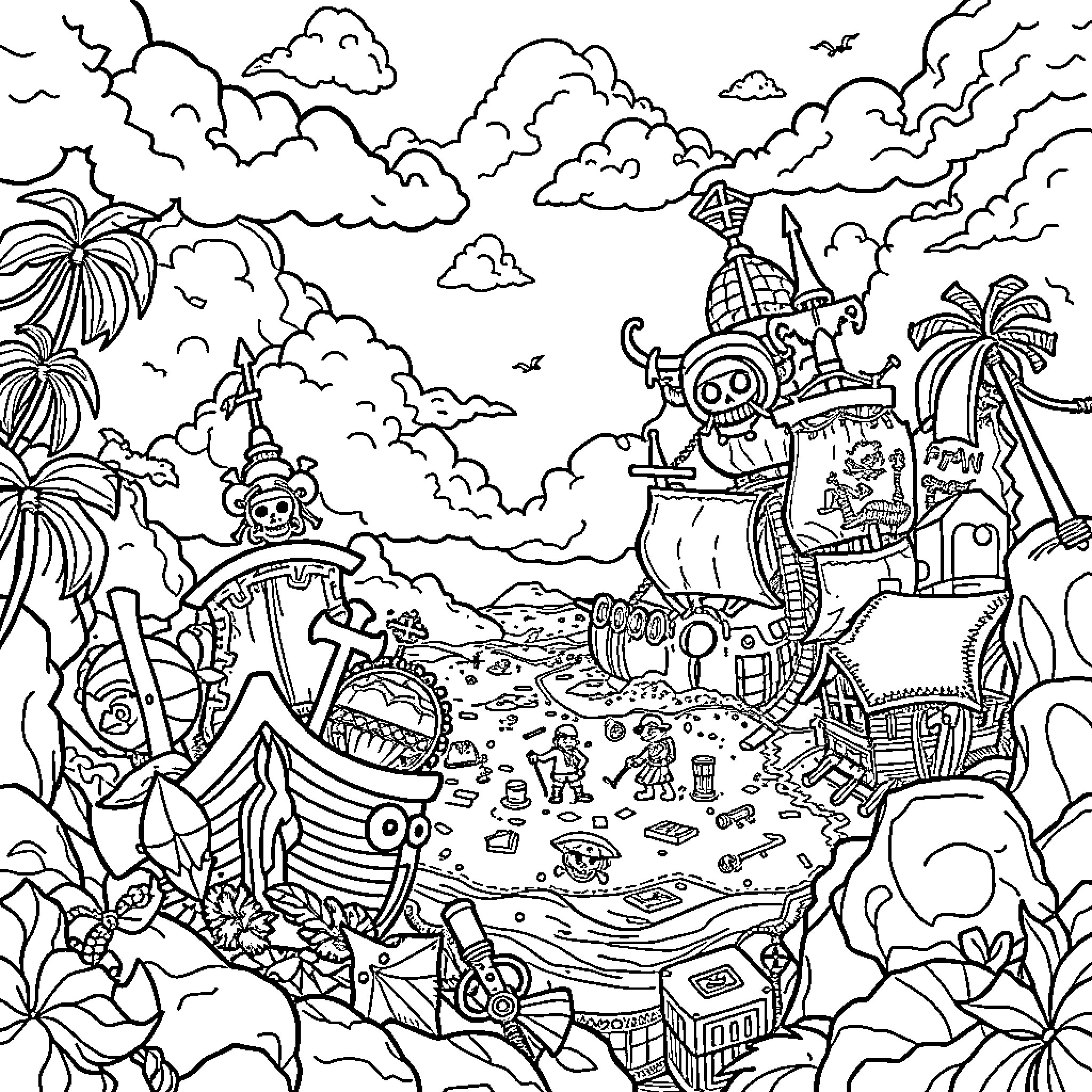 One Piece Whimsical Pirate Adventure in the Clouds Coloring Page (free black-and-white line drawing printable PDF for all, from beginners to advanced learners, including children, teens, adults, and seniors)