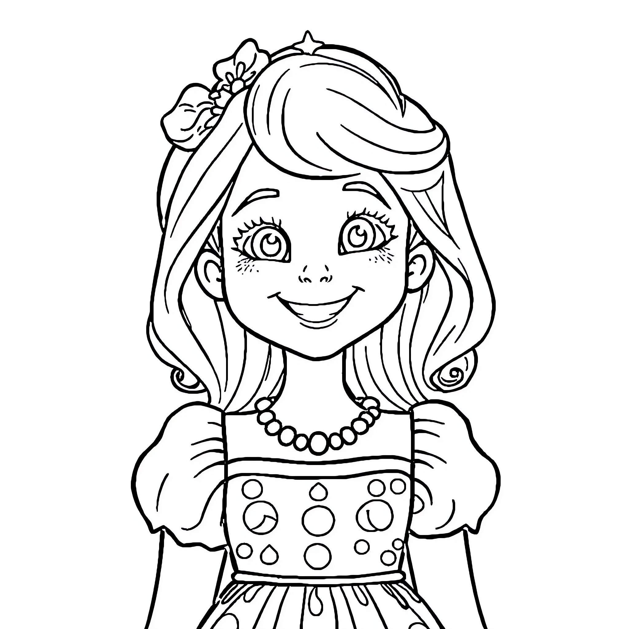 Hanna Marie's Cheerful Dress and Smile Coloring Page (free black-and-white line drawing printable PDF for all, from beginners to advanced learners, including children, teens, adults, and seniors)