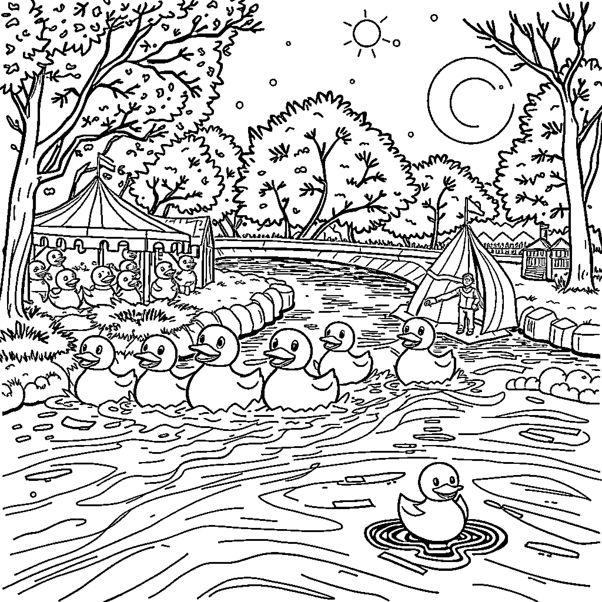 Duck family enjoying a day by the pond Coloring Page (free black-and-white line drawing printable PDF for all, from beginners to advanced learners, including children, teens, adults, and seniors)
