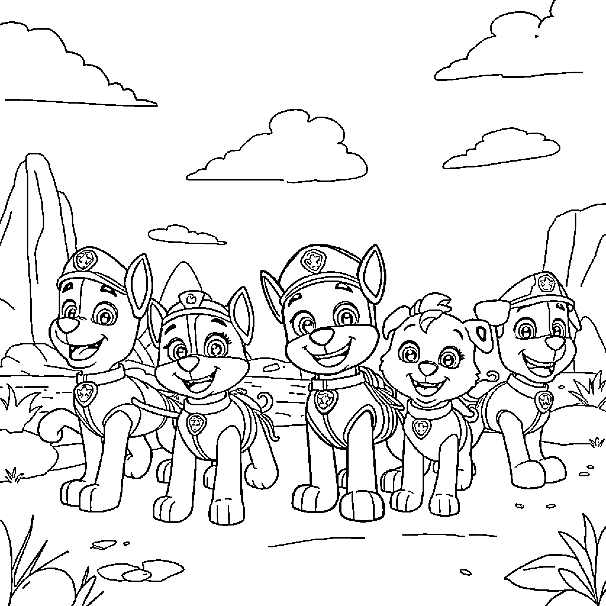 Paw Patrol pups on an outdoor adventure Coloring Page (free black-and-white line drawing printable PDF for all, from beginners to advanced learners, including children, teens, adults, and seniors)