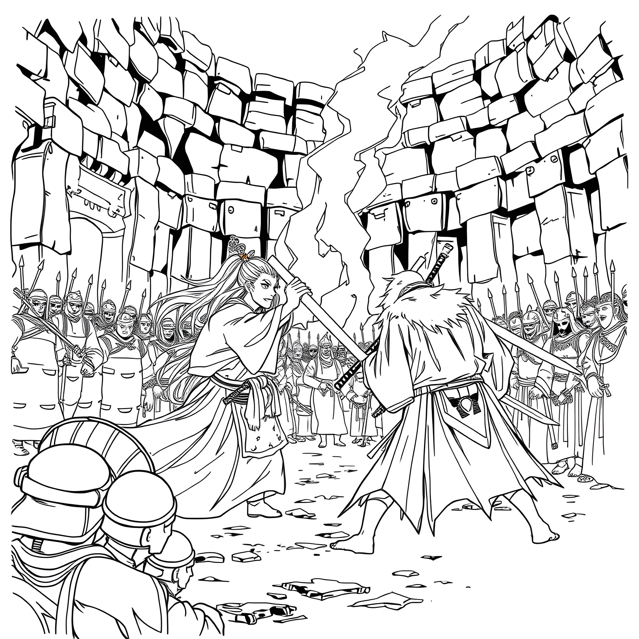 Shujinko's Confrontation with the Warlord Coloring Page (free black-and-white line drawing printable PDF for all, from beginners to advanced learners, including children, teens, adults, and seniors)