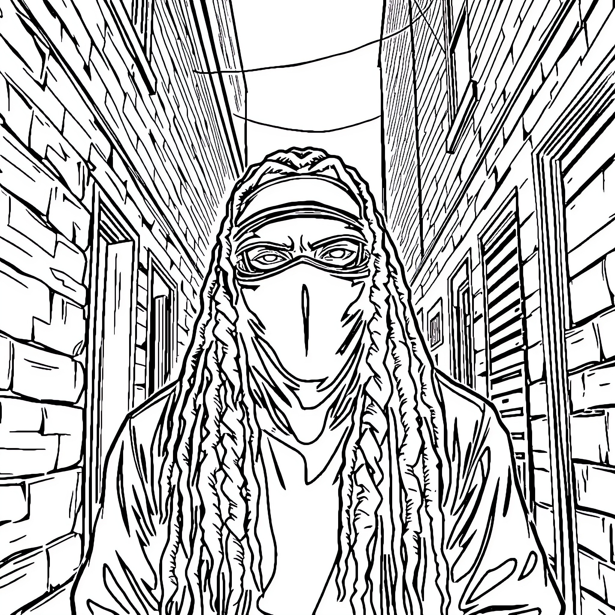 Man in mysterious attire in dark alley Coloring Page (free black-and-white line drawing printable PDF for all, from beginners to advanced learners, including children, teens, adults, and seniors)