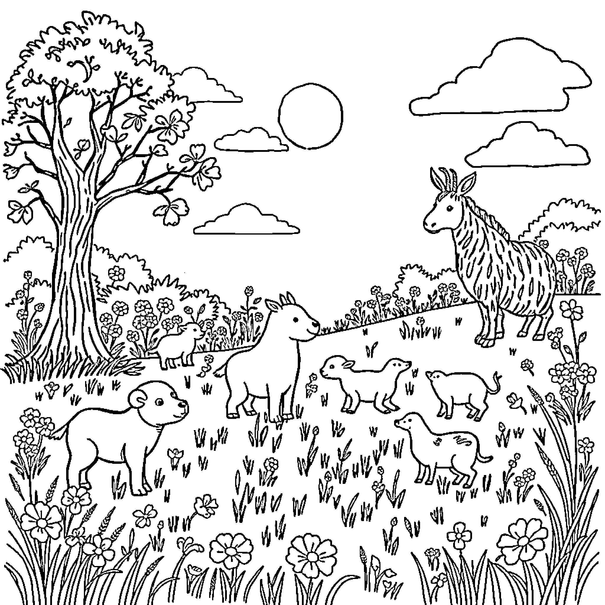 Animal scene with diverse wildlife in natural habitat Coloring Page (free black-and-white line drawing printable PDF for all, from beginners to advanced learners, including children, teens, adults, and seniors)