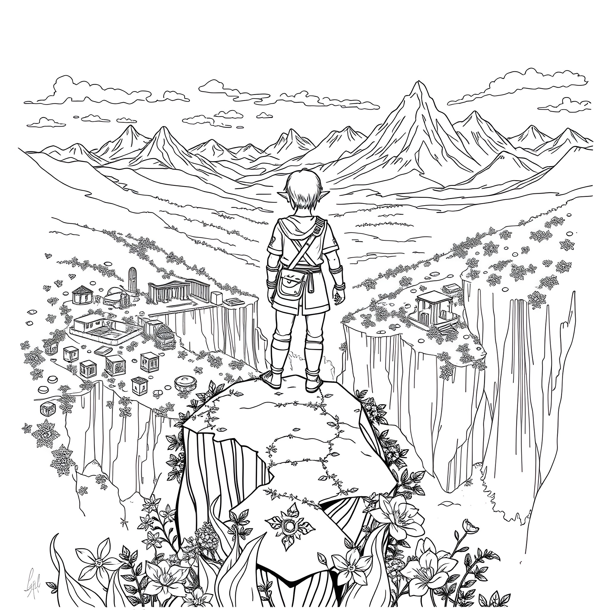Zelda: Adventure in the Mountainous Landscape Coloring Page (free black-and-white line drawing printable PDF for all, from beginners to advanced learners, including children, teens, adults, and seniors)