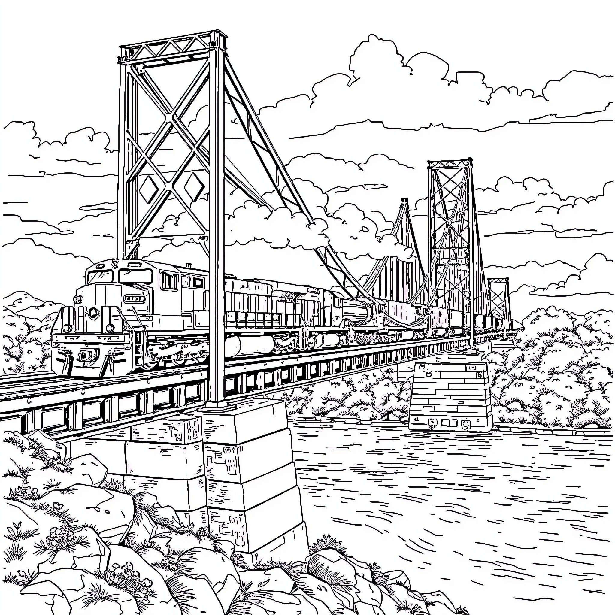 Train crossing over scenic bridge with cityscape Coloring Page (free black-and-white line drawing printable PDF for all, from beginners to advanced learners, including children, teens, adults, and seniors)