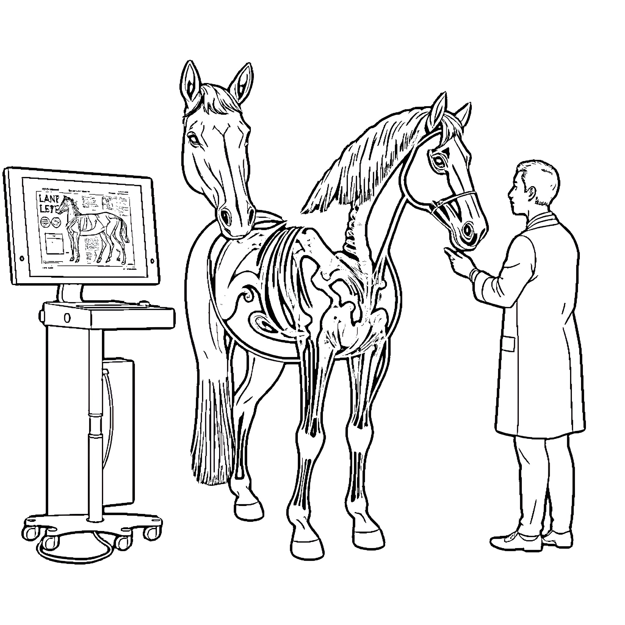 Horse undergoing medical examination by veterinarian Coloring Page (free black-and-white line drawing printable PDF for all, from beginners to advanced learners, including children, teens, adults, and seniors)