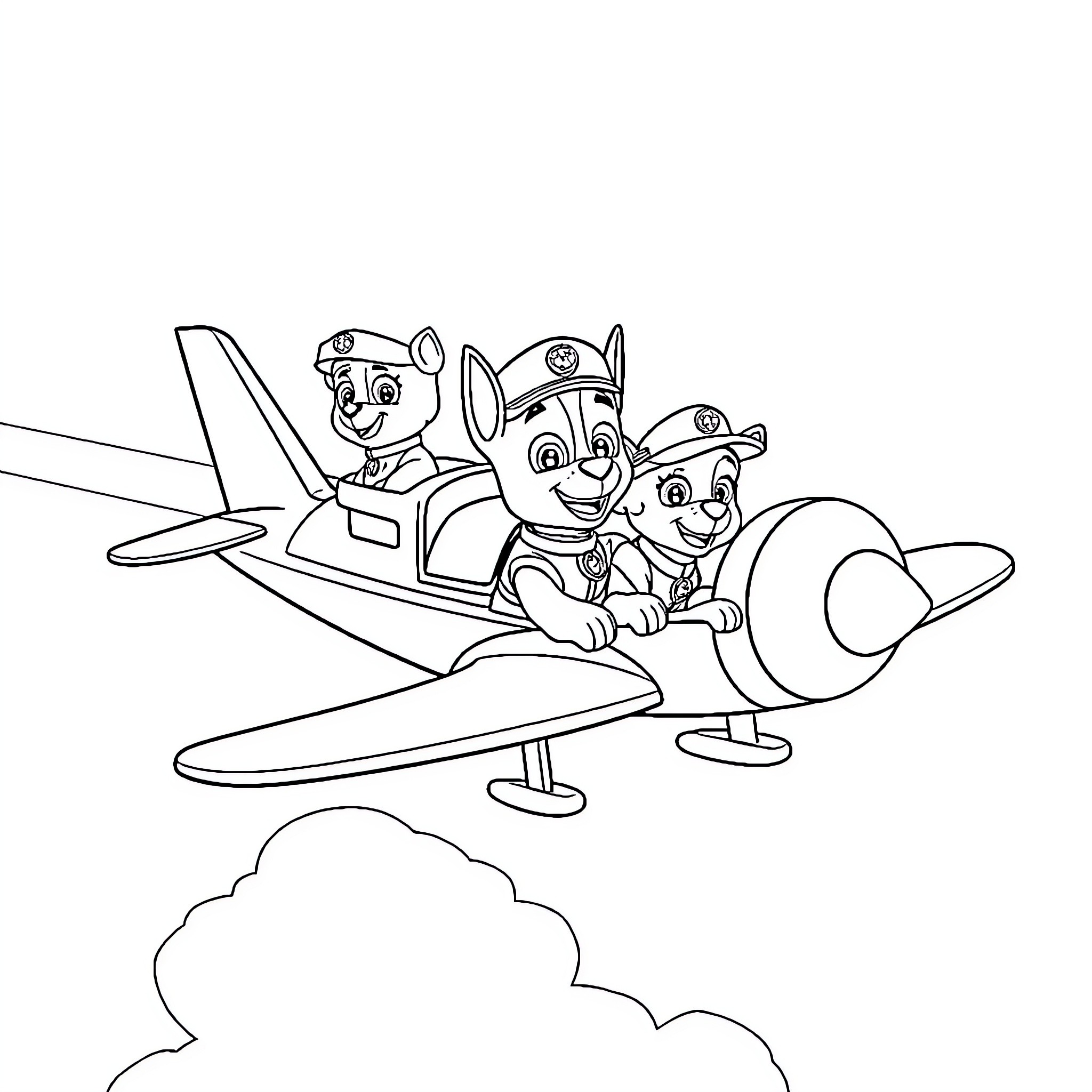 Paw Patrol Pups Fly High in Airplane Adventure Coloring Page (free black-and-white line drawing printable PDF for all, from beginners to advanced learners, including children, teens, adults, and seniors)