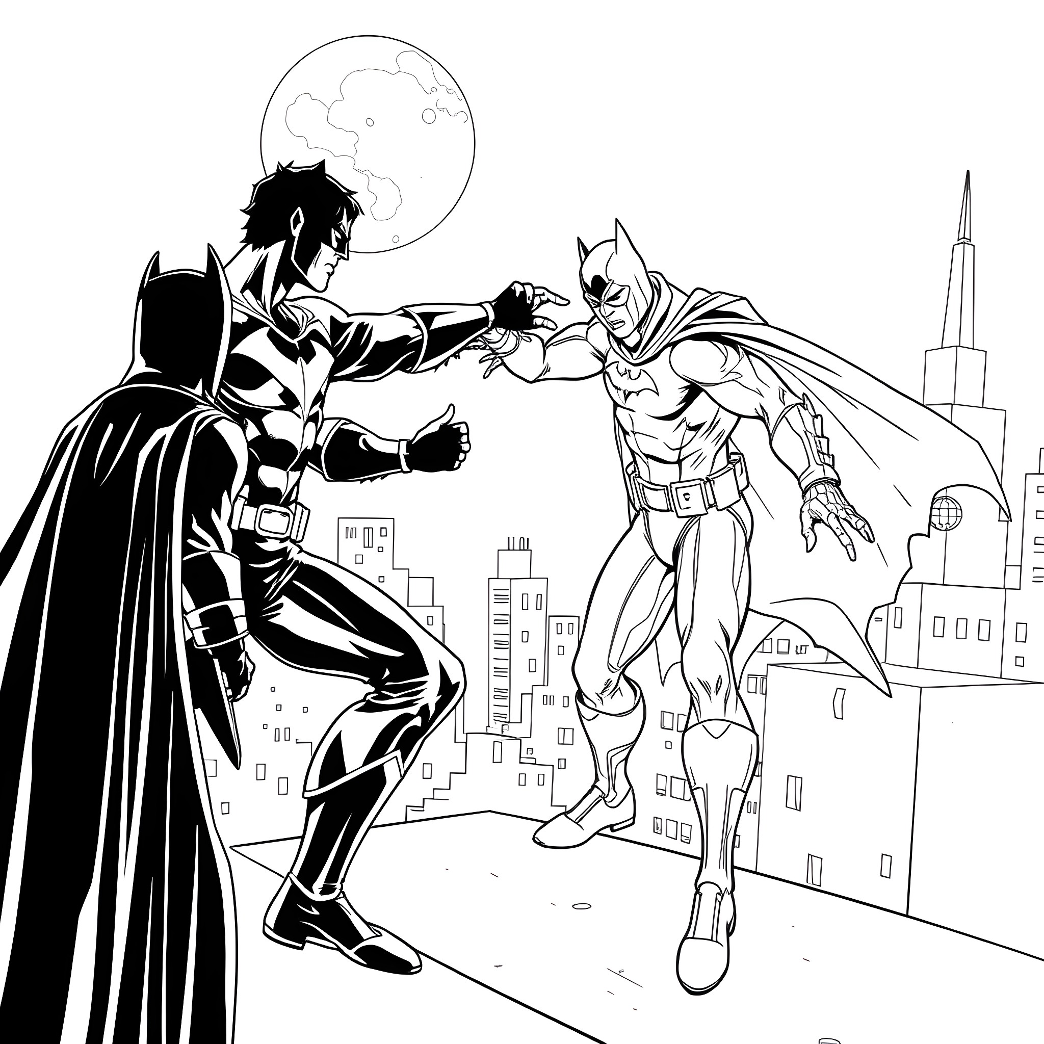 Nightwing and Batman confronting each other in the city Coloring Page (free black-and-white line drawing printable PDF for all, from beginners to advanced learners, including children, teens, adults, and seniors)
