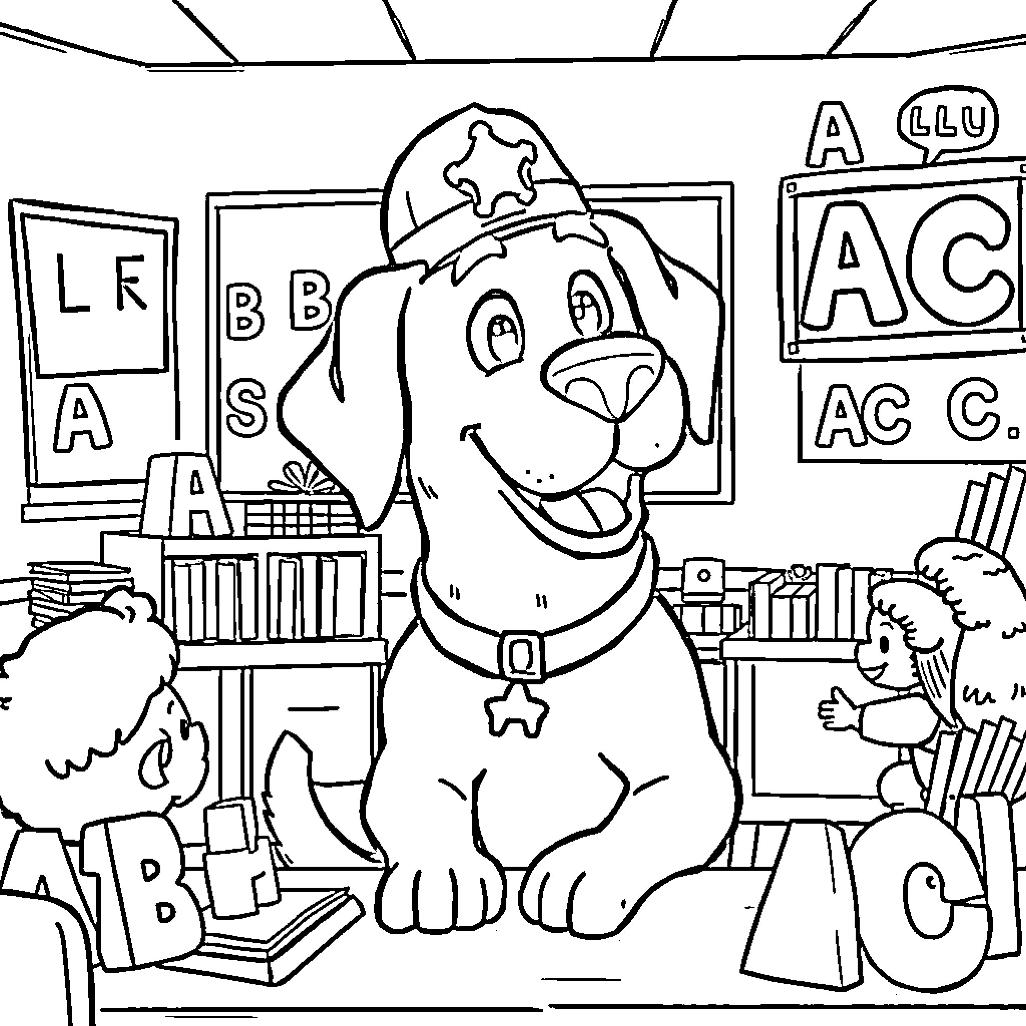 Sheriff Labrador helping at the school library Coloring Page (free black-and-white line drawing printable PDF for all, from beginners to advanced learners, including children, teens, adults, and seniors)