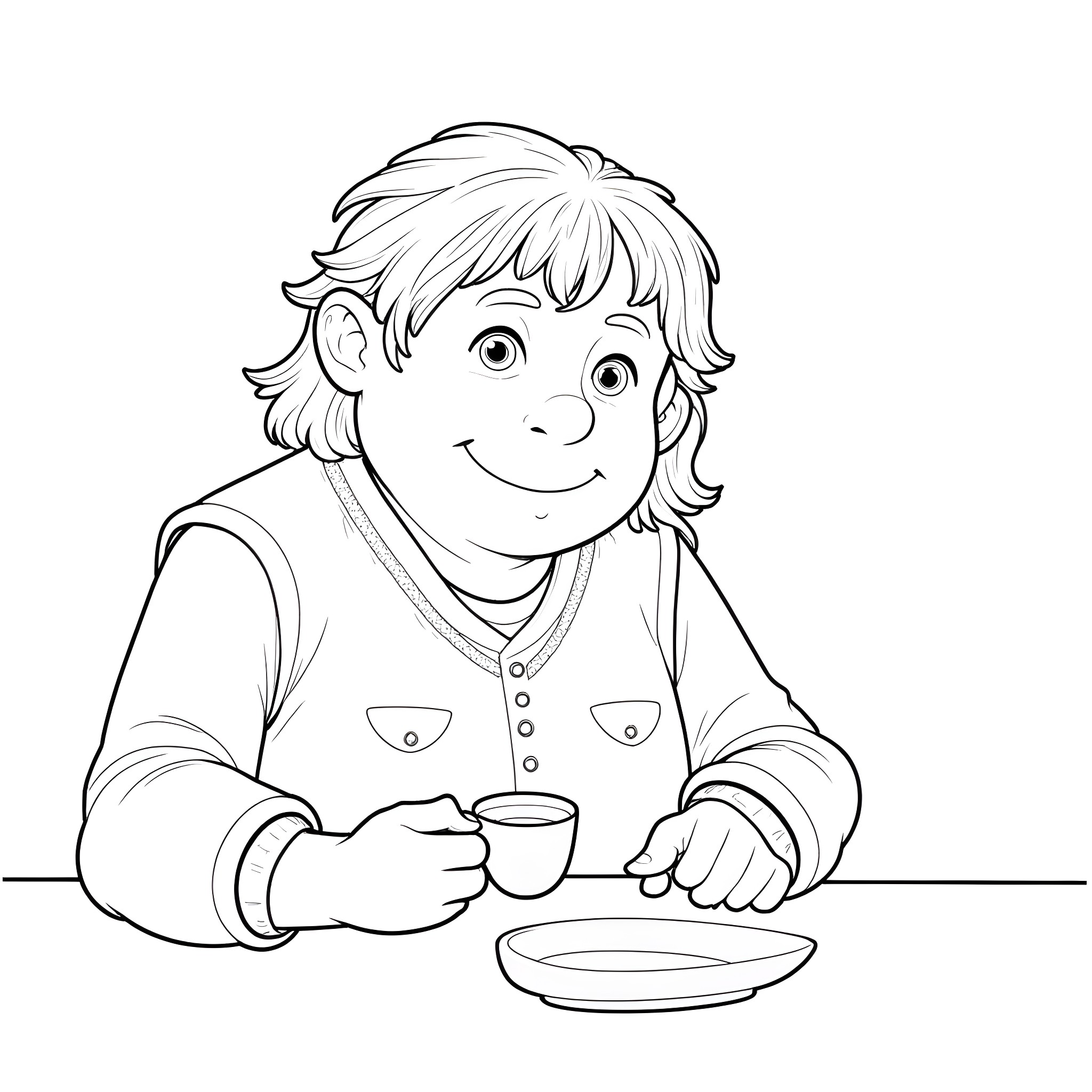 Bilbo Baggins enjoys a hearty meal Coloring Page (free black-and-white line drawing printable PDF for all, from beginners to advanced learners, including children, teens, adults, and seniors)