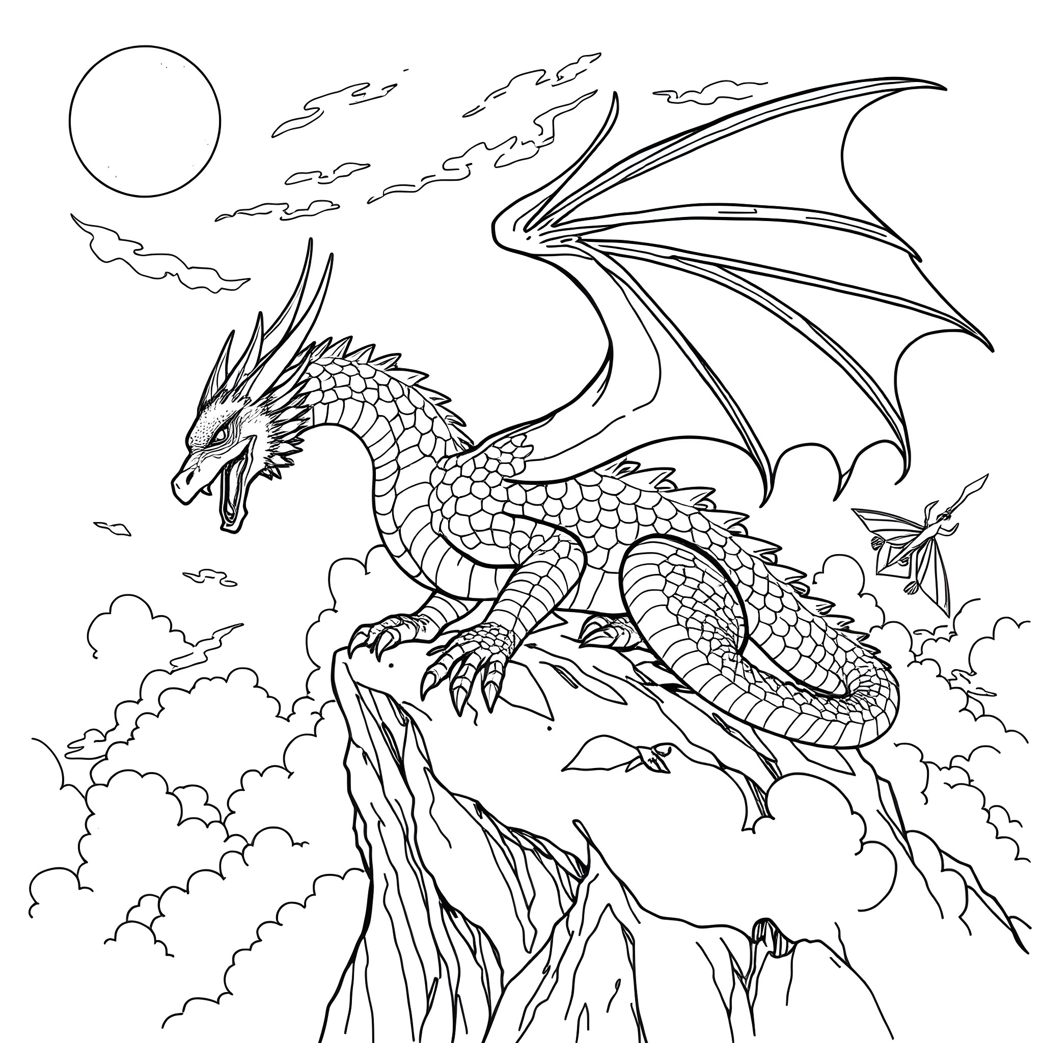 Dragon soaring through the cloudy skies Coloring Page (free black-and-white line drawing printable PDF for all, from beginners to advanced learners, including children, teens, adults, and seniors)