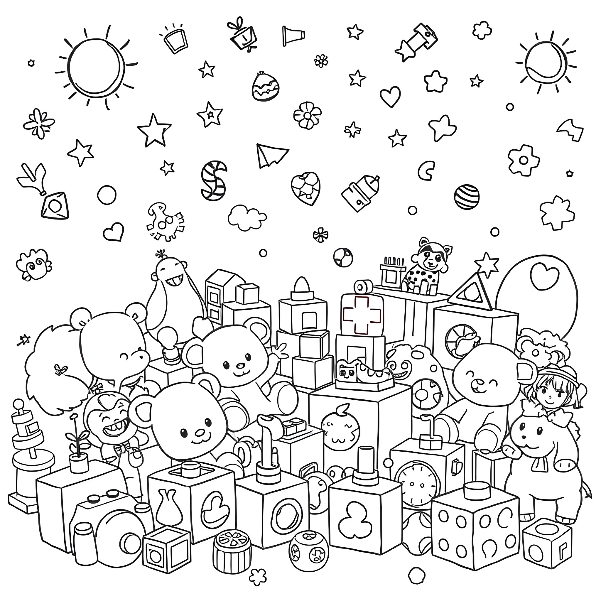 Baby Toy Overflowing with Imagination and Joy Coloring Page (free black-and-white line drawing printable PDF for all, from beginners to advanced learners, including children, teens, adults, and seniors)