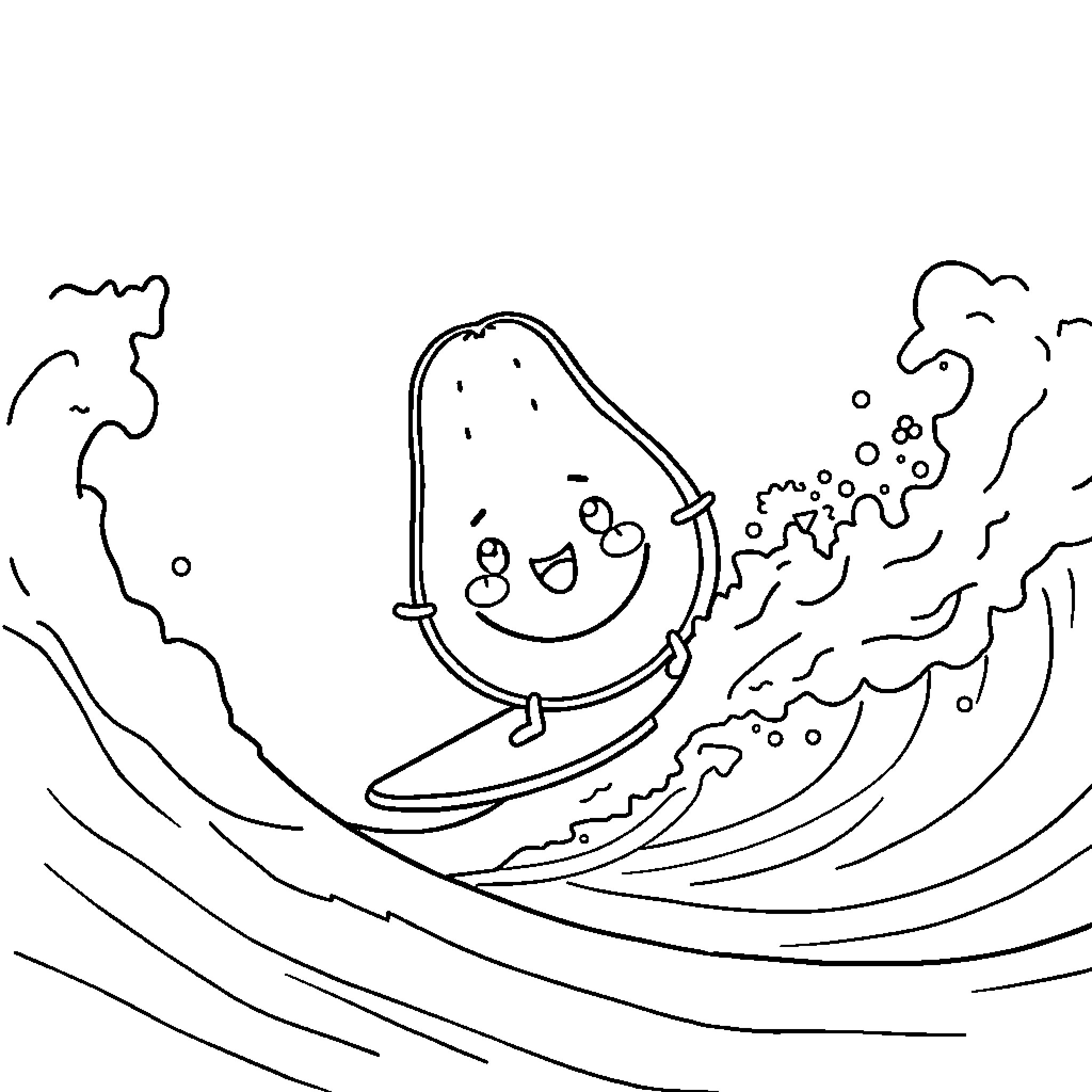 Aguacate surfing on a big wave Coloring Page (free black-and-white line drawing printable PDF for all, from beginners to advanced learners, including children, teens, adults, and seniors)
