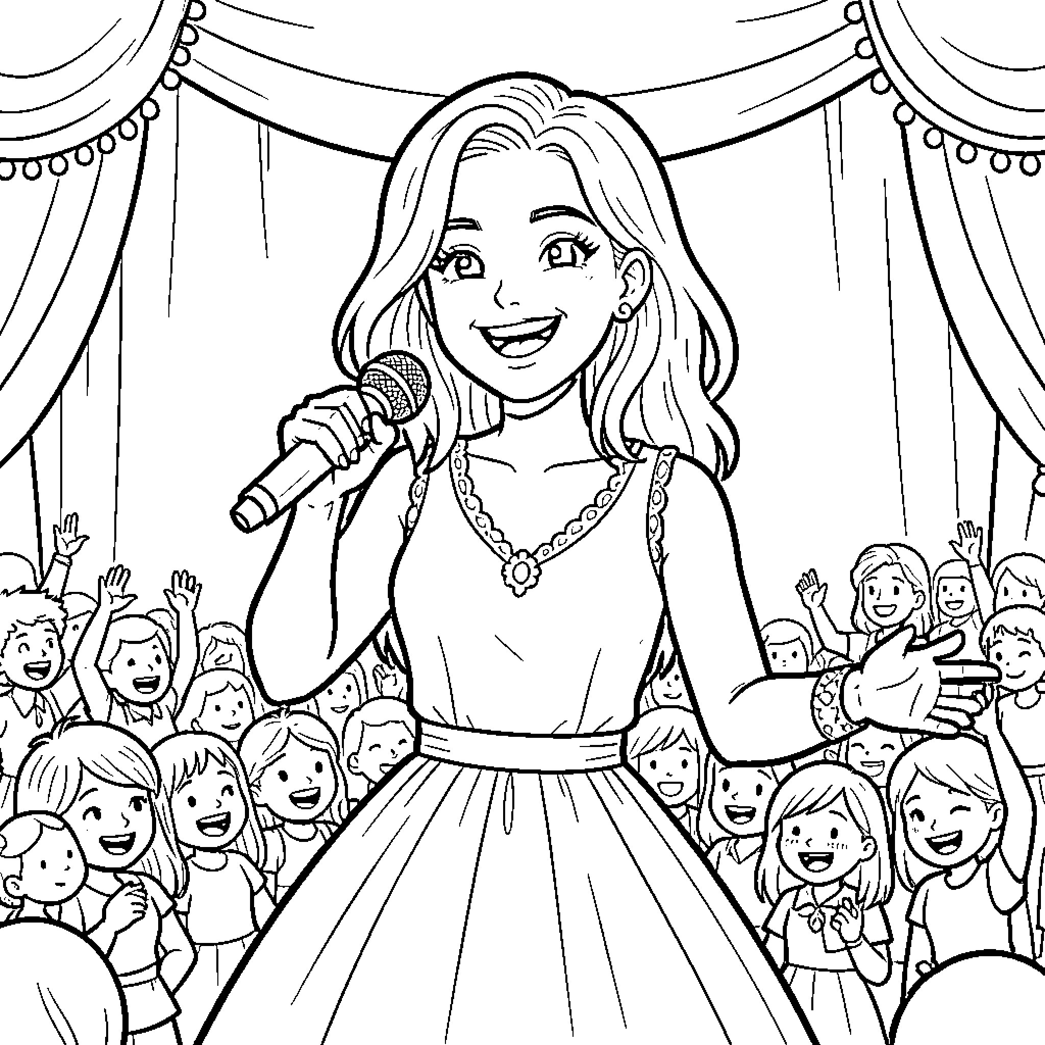 Lali Esposito singing happily on stage for an audience Coloring Page (free black-and-white line drawing printable PDF for all, from beginners to advanced learners, including children, teens, adults, and seniors)