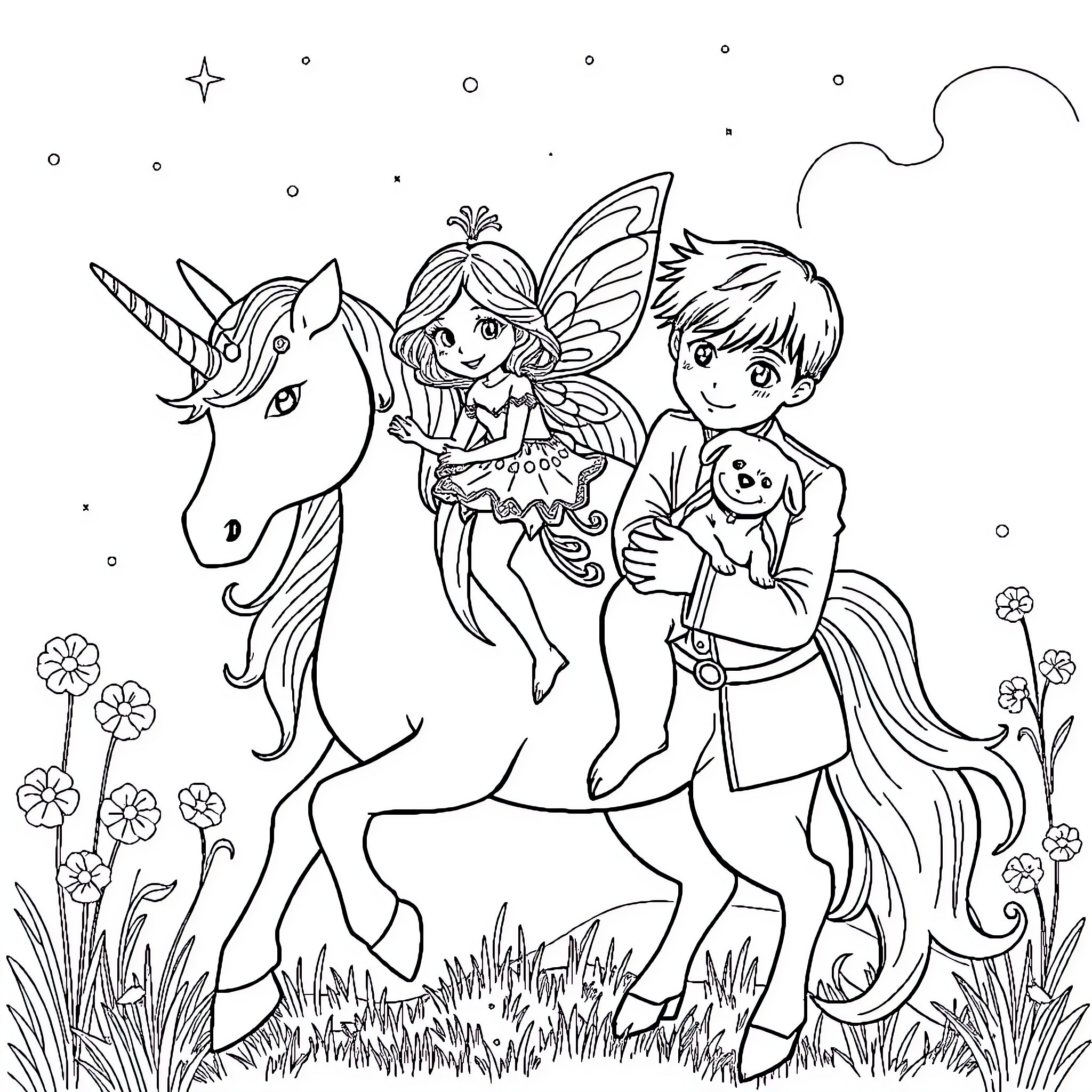 Fairy friends explore enchanted forest with unicorn Coloring Page (free black-and-white line drawing printable PDF for all, from beginners to advanced learners, including children, teens, adults, and seniors)