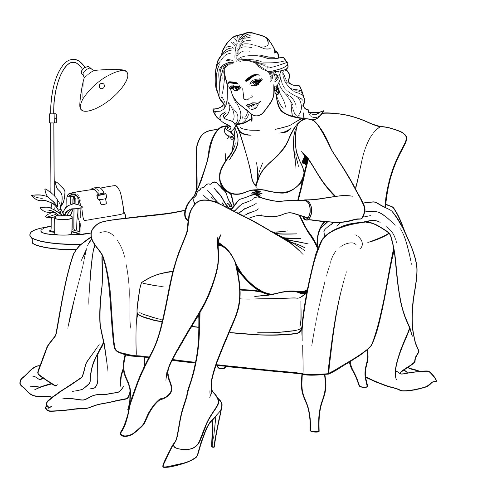 Woman relaxing in a comfortable chair Coloring Page (free black-and-white line drawing printable PDF for all, from beginners to advanced learners, including children, teens, adults, and seniors)