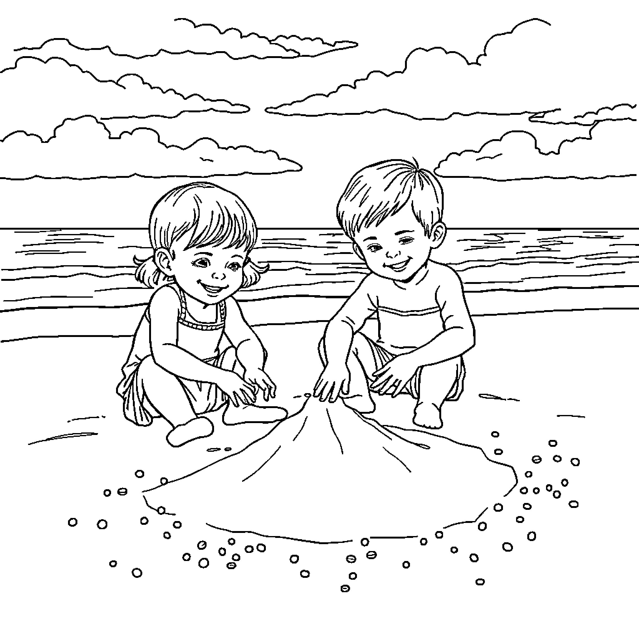 Children playing happily on the beach Coloring Page (free black-and-white line drawing printable PDF for all, from beginners to advanced learners, including children, teens, adults, and seniors)