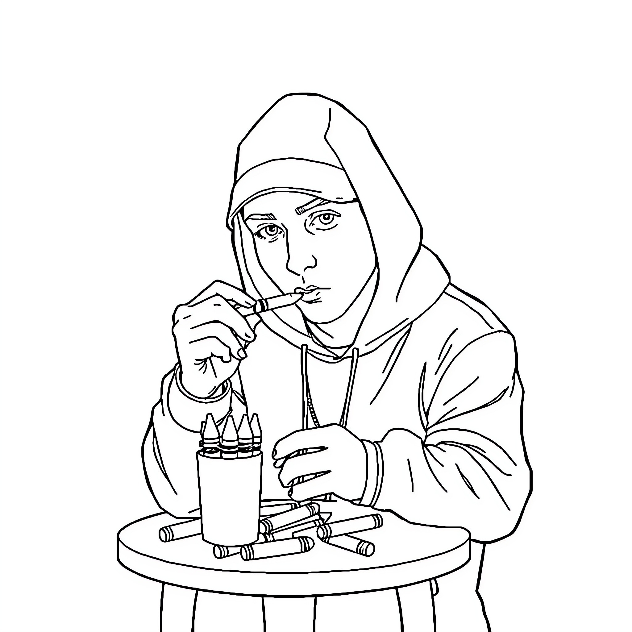 Eminem Drinking a Beverage in a Hoodie Coloring Page (free black-and-white line drawing printable PDF for all, from beginners to advanced learners, including children, teens, adults, and seniors)