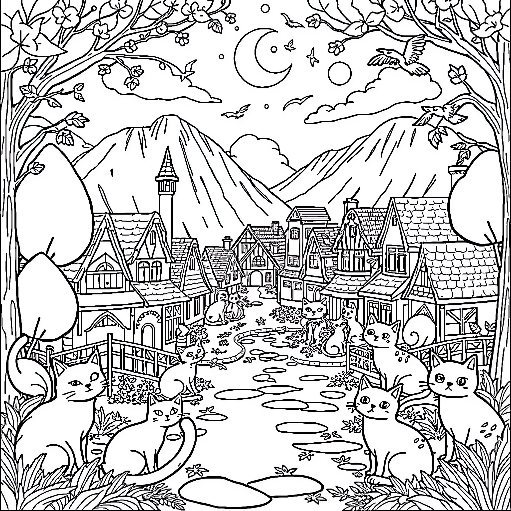 Catnua Feline Frolic in a Fantastical Fairytale Landscape Coloring Page (free black-and-white line drawing printable PDF for all, from beginners to advanced learners, including children, teens, adults, and seniors)