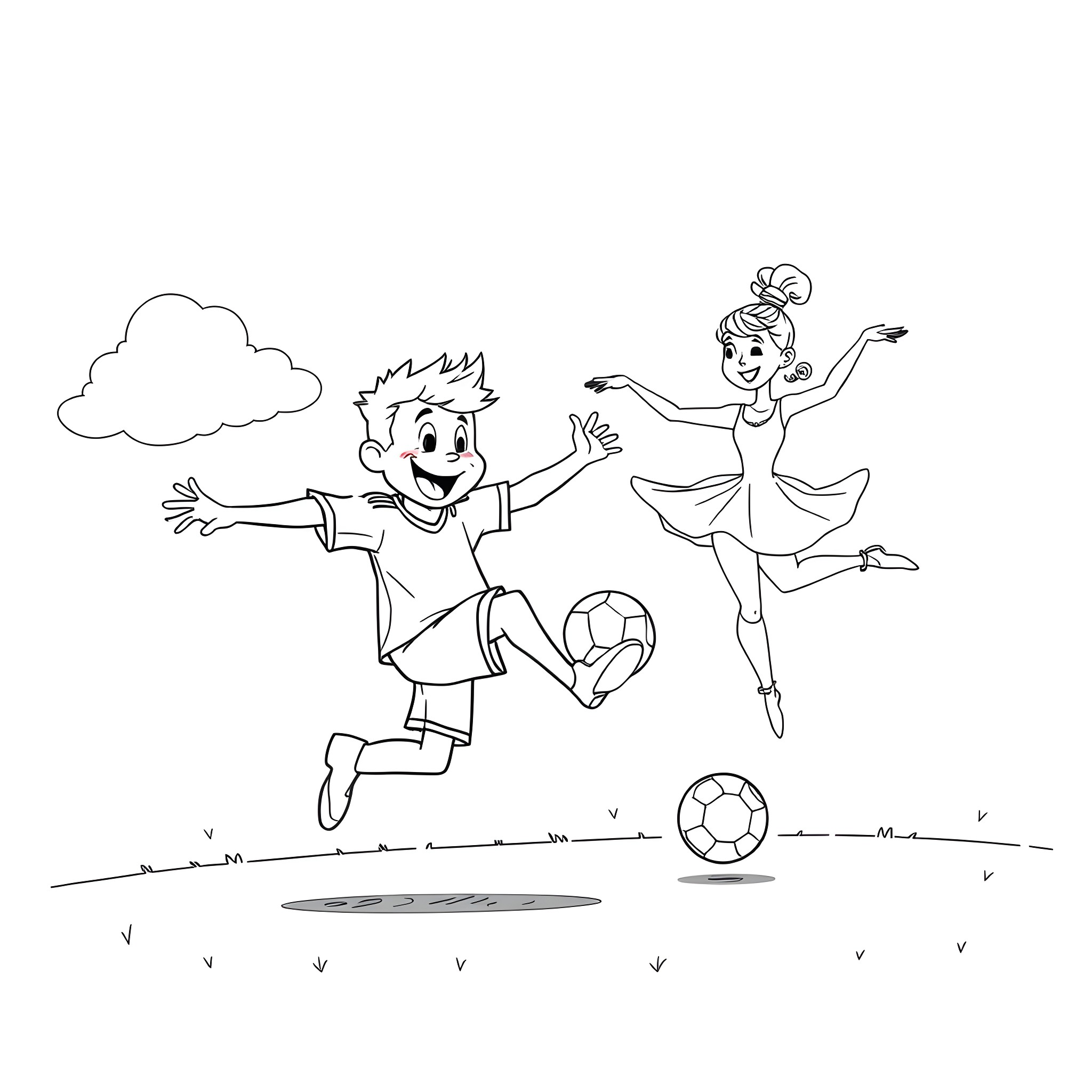 Futball players in playful celebration Coloring Page (free black-and-white line drawing printable PDF for all, from beginners to advanced learners, including children, teens, adults, and seniors)
