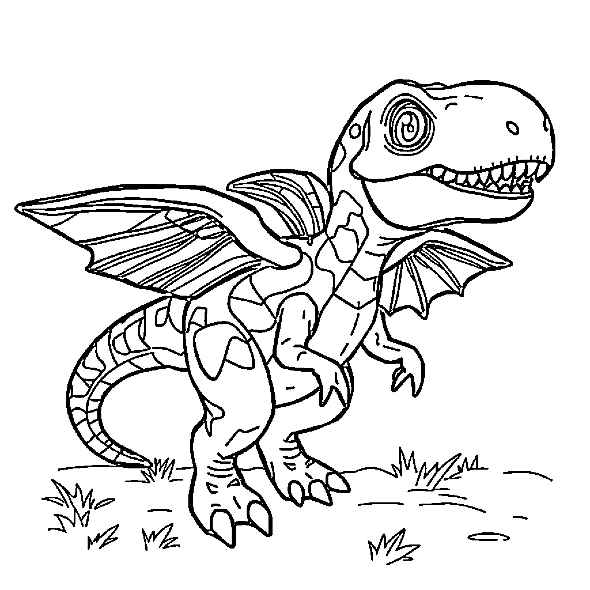 Flying Dinosaur Creature Roaming in the Wild Coloring Page (free black-and-white line drawing printable PDF for all, from beginners to advanced learners, including children, teens, adults, and seniors)