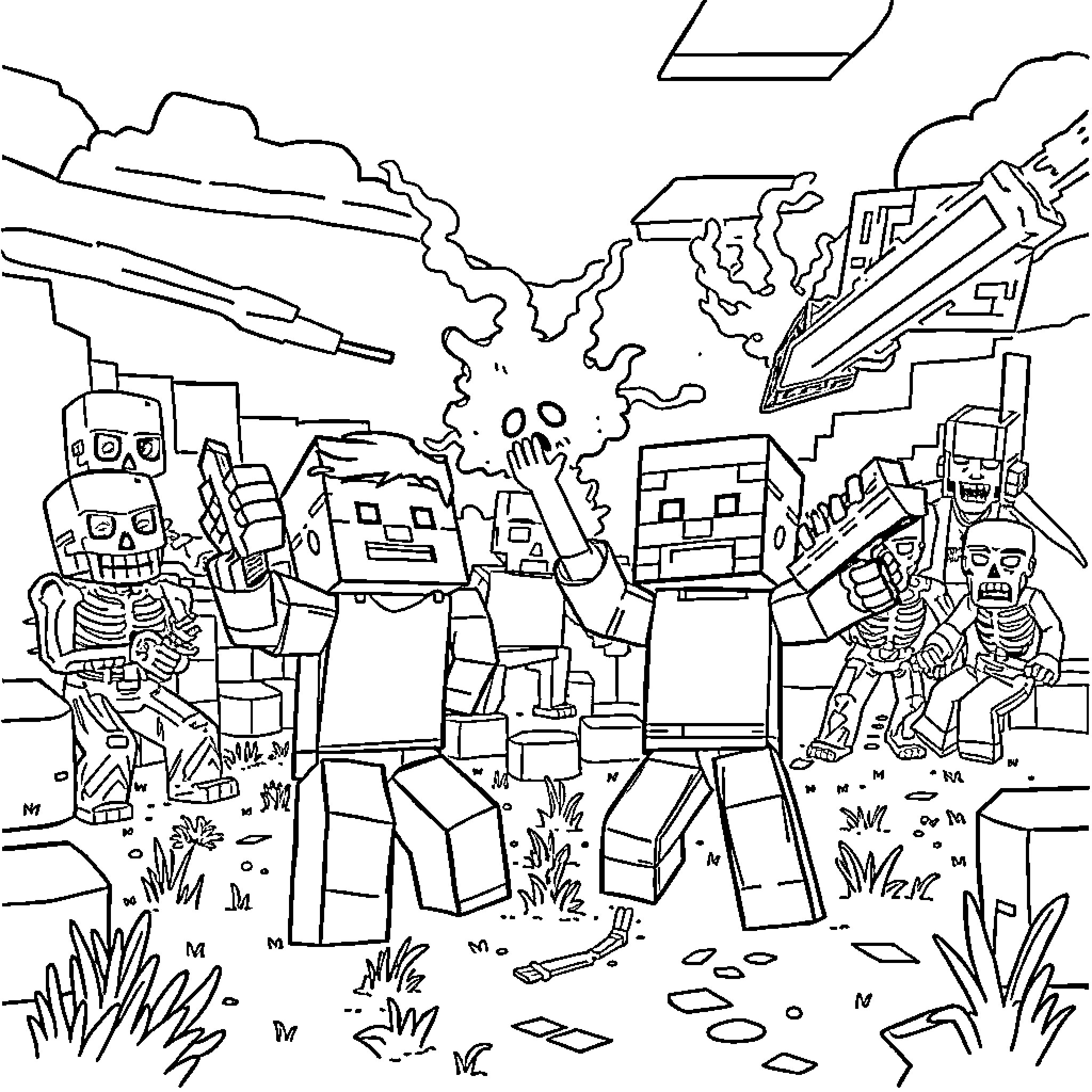 Steve and Alex explore the blocky world with friends Coloring Page (free black-and-white line drawing printable PDF for all, from beginners to advanced learners, including children, teens, adults, and seniors)
