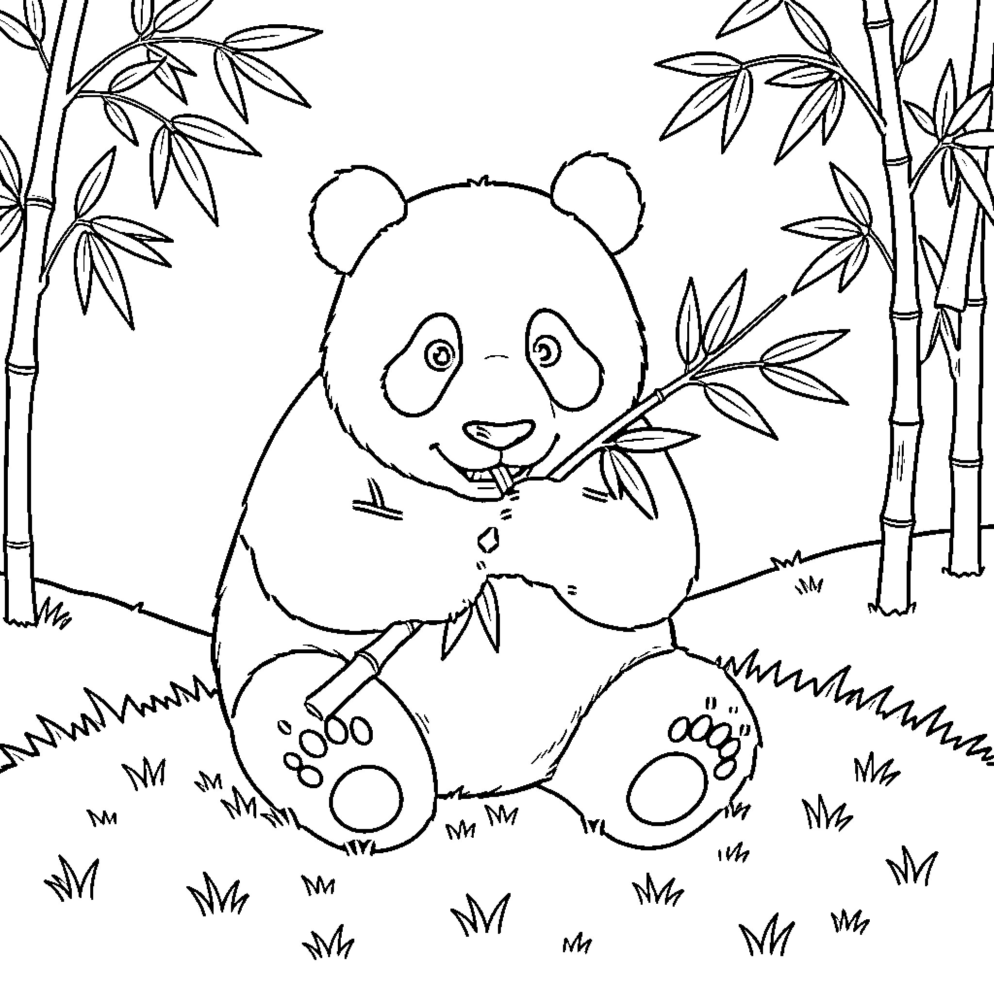 Panda sitting and eating bamboo stalks Coloring Page (free black-and-white line drawing printable PDF for all, from beginners to advanced learners, including children, teens, adults, and seniors)