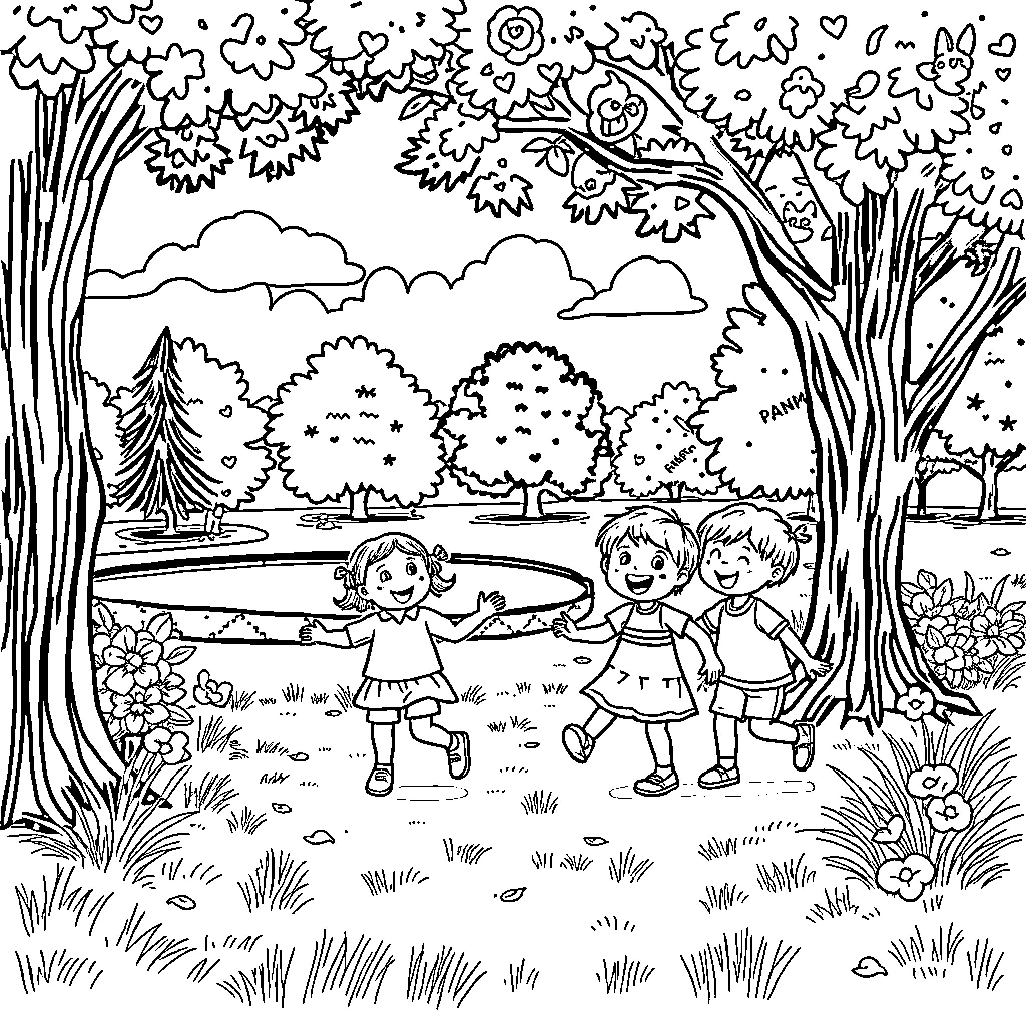 Kids playing joyfully in a lush forest setting Coloring Page (free black-and-white line drawing printable PDF for all, from beginners to advanced learners, including children, teens, adults, and seniors)