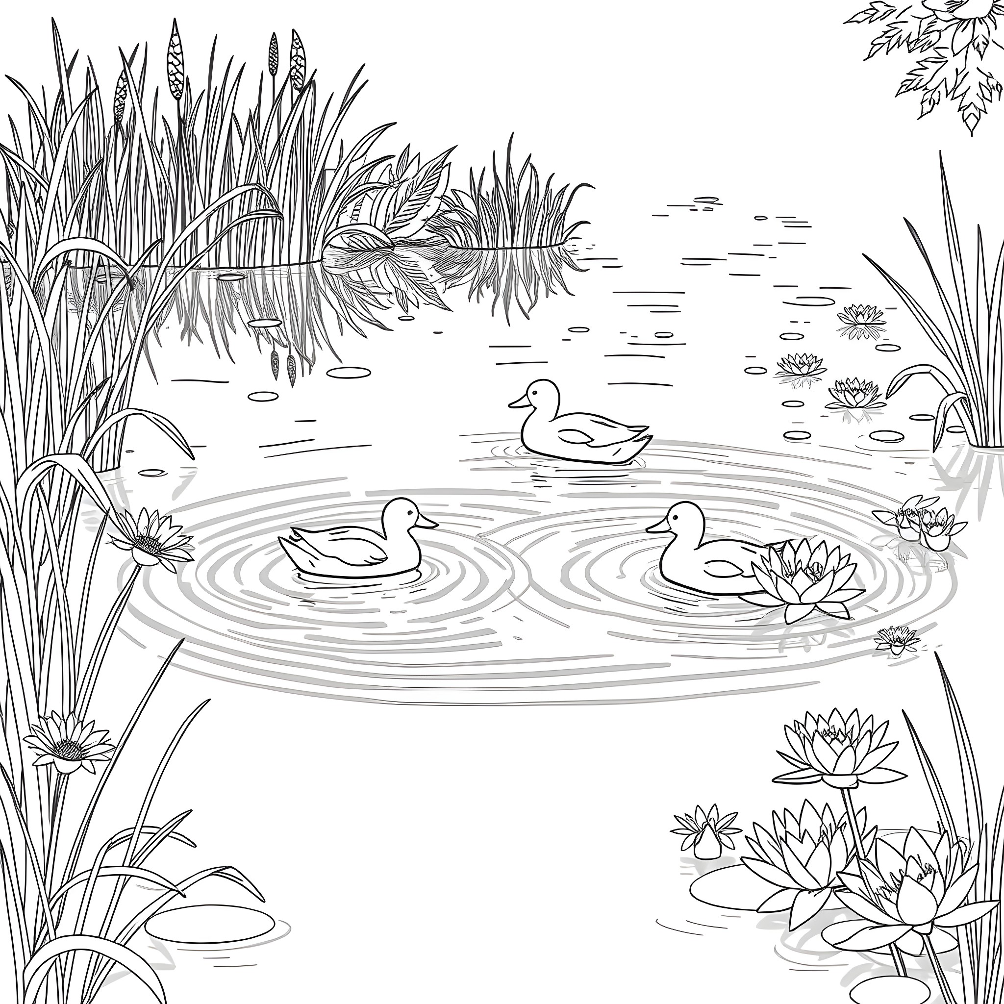 Duck family swimming in peaceful pond Coloring Page (free black-and-white line drawing printable PDF for all, from beginners to advanced learners, including children, teens, adults, and seniors)