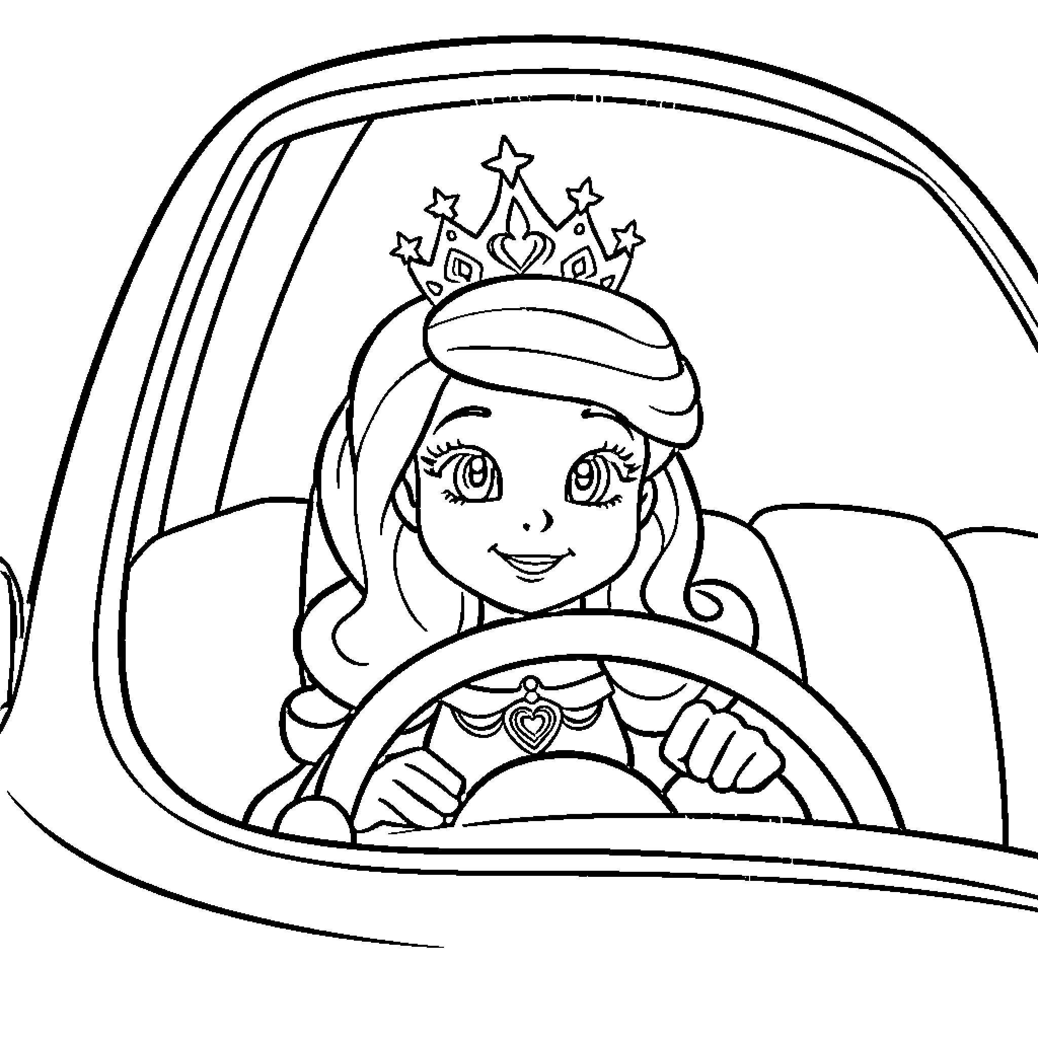 Princess driving a royal carriage with a crown Coloring Page (free black-and-white line drawing printable PDF for all, from beginners to advanced learners, including children, teens, adults, and seniors)
