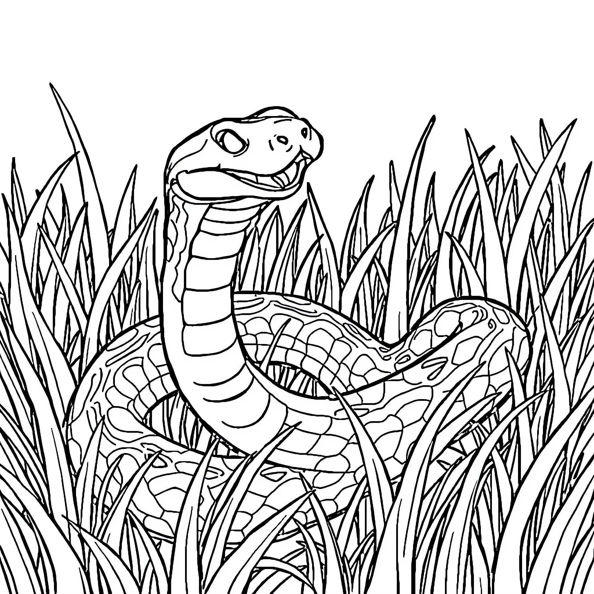 Snake Slithering Happily in Tall Grass Coloring Page (free black-and-white line drawing printable PDF for all, from beginners to advanced learners, including children, teens, adults, and seniors)