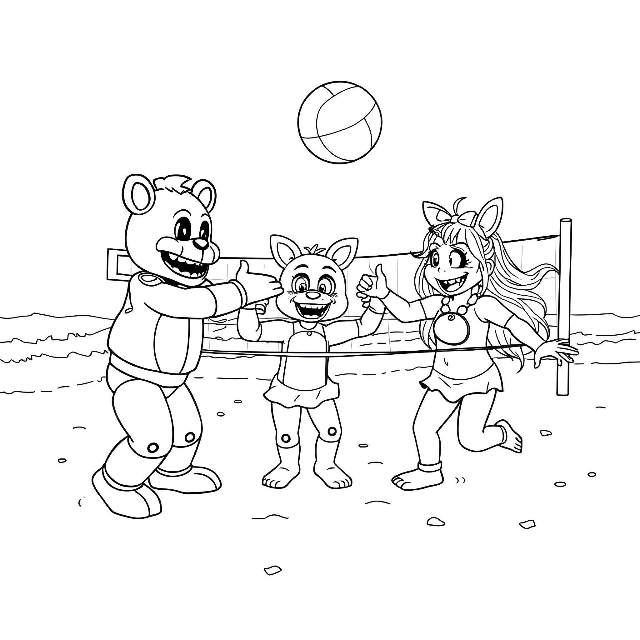 Freddy and friends playing at the beach Coloring Page (free black-and-white line drawing printable PDF for all, from beginners to advanced learners, including children, teens, adults, and seniors)