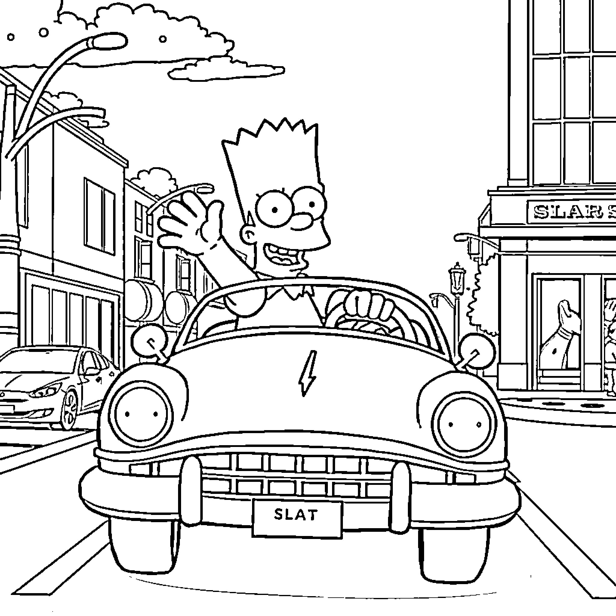 Bart Simpson driving his car through the city Coloring Page (free black-and-white line drawing printable PDF for all, from beginners to advanced learners, including children, teens, adults, and seniors)