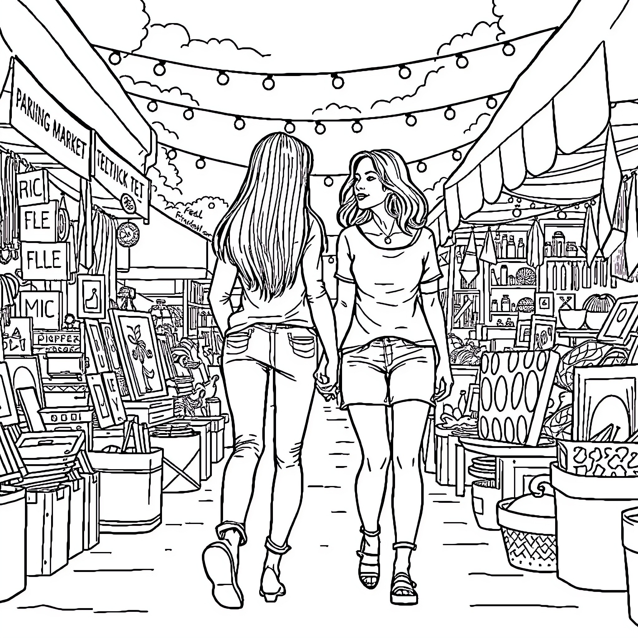 Couple strolling through lively outdoor market Coloring Page (free black-and-white line drawing printable PDF for all, from beginners to advanced learners, including children, teens, adults, and seniors)