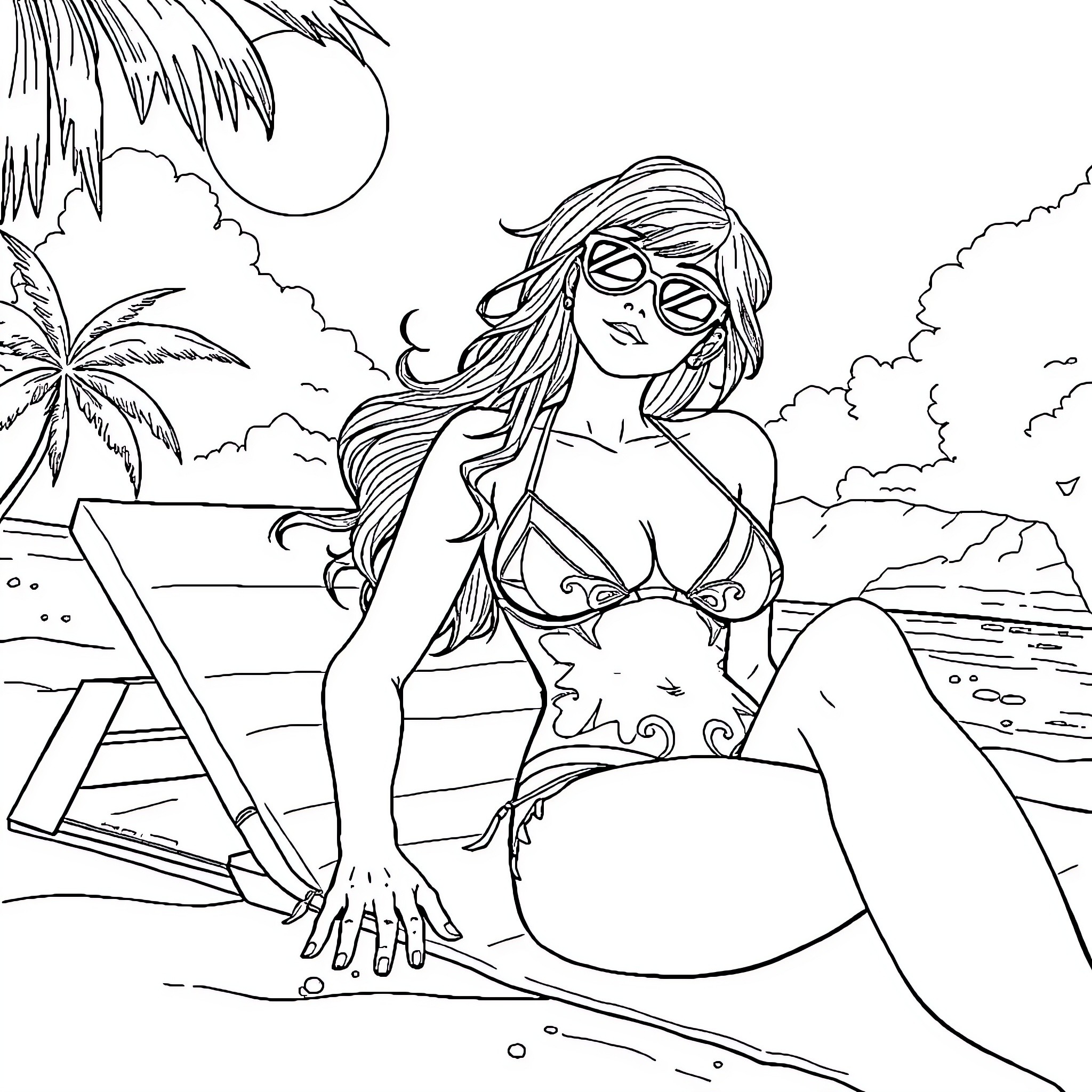 Ivy lounging on the beach with a laptop Coloring Page (free black-and-white line drawing printable PDF for all, from beginners to advanced learners, including children, teens, adults, and seniors)