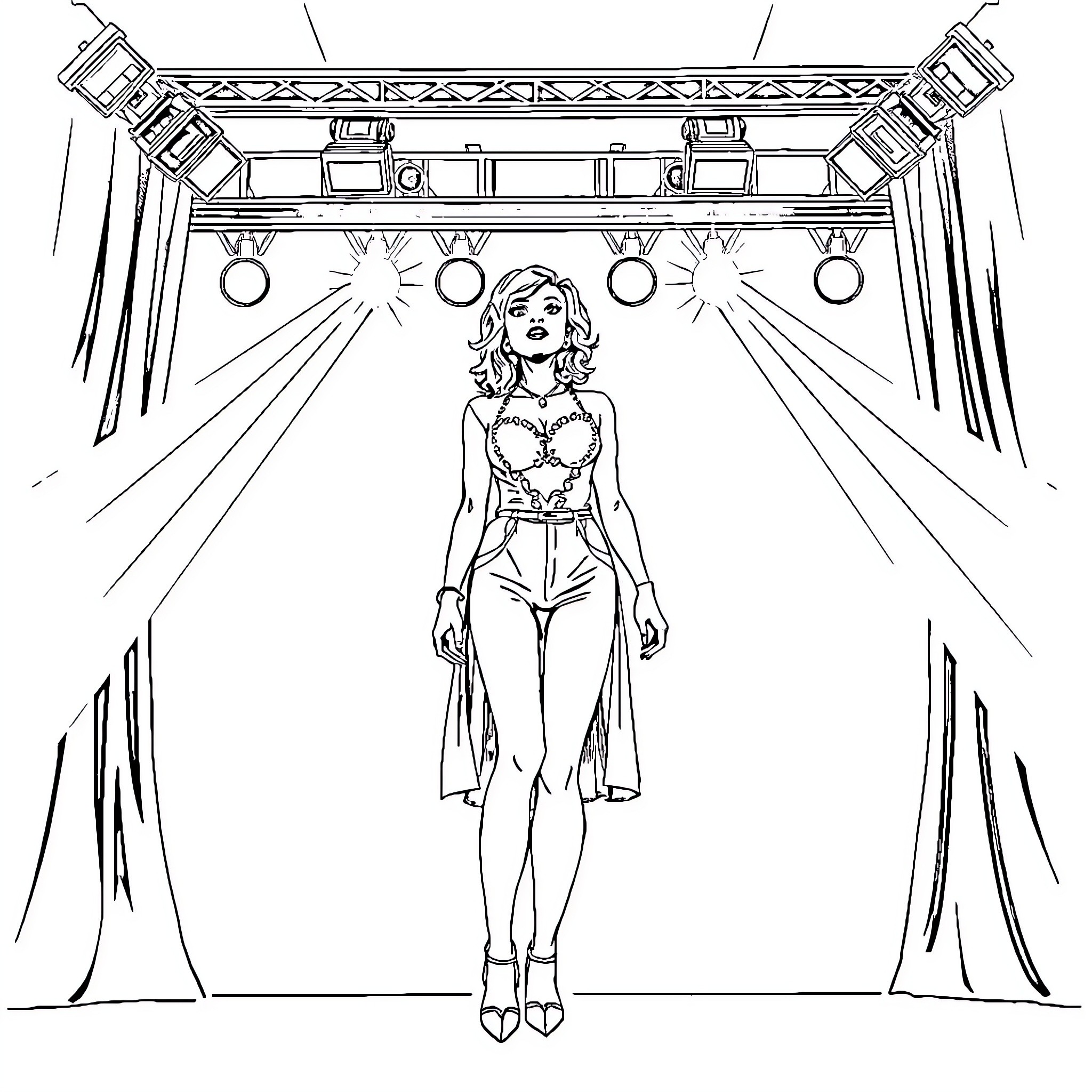 Mylène Farmer performing on a stage with theatrical lighting Coloring Page (free black-and-white line drawing printable PDF for all, from beginners to advanced learners, including children, teens, adults, and seniors)