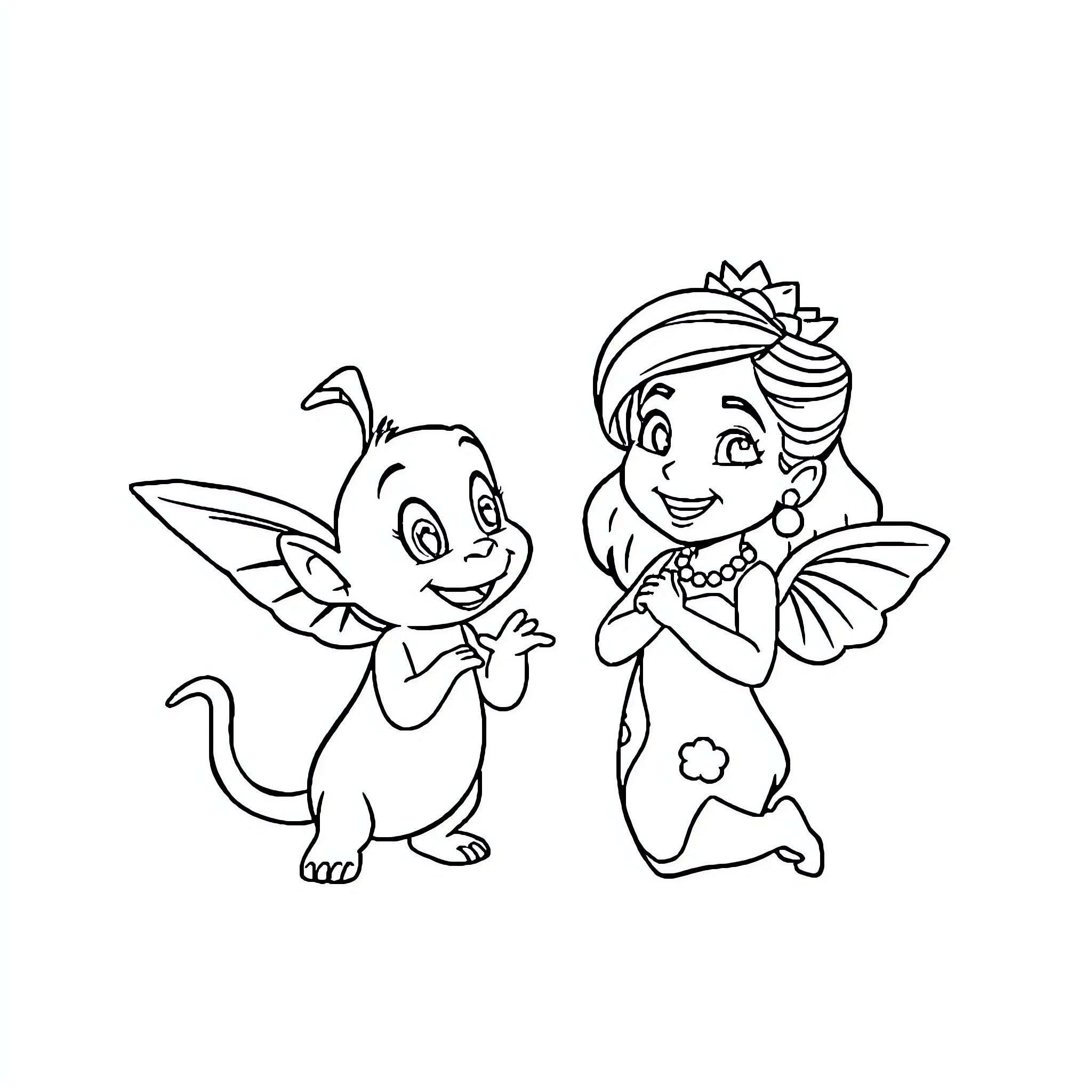 Lilo and her fairy friend exploring the world Coloring Page (free black-and-white line drawing printable PDF for all, from beginners to advanced learners, including children, teens, adults, and seniors)