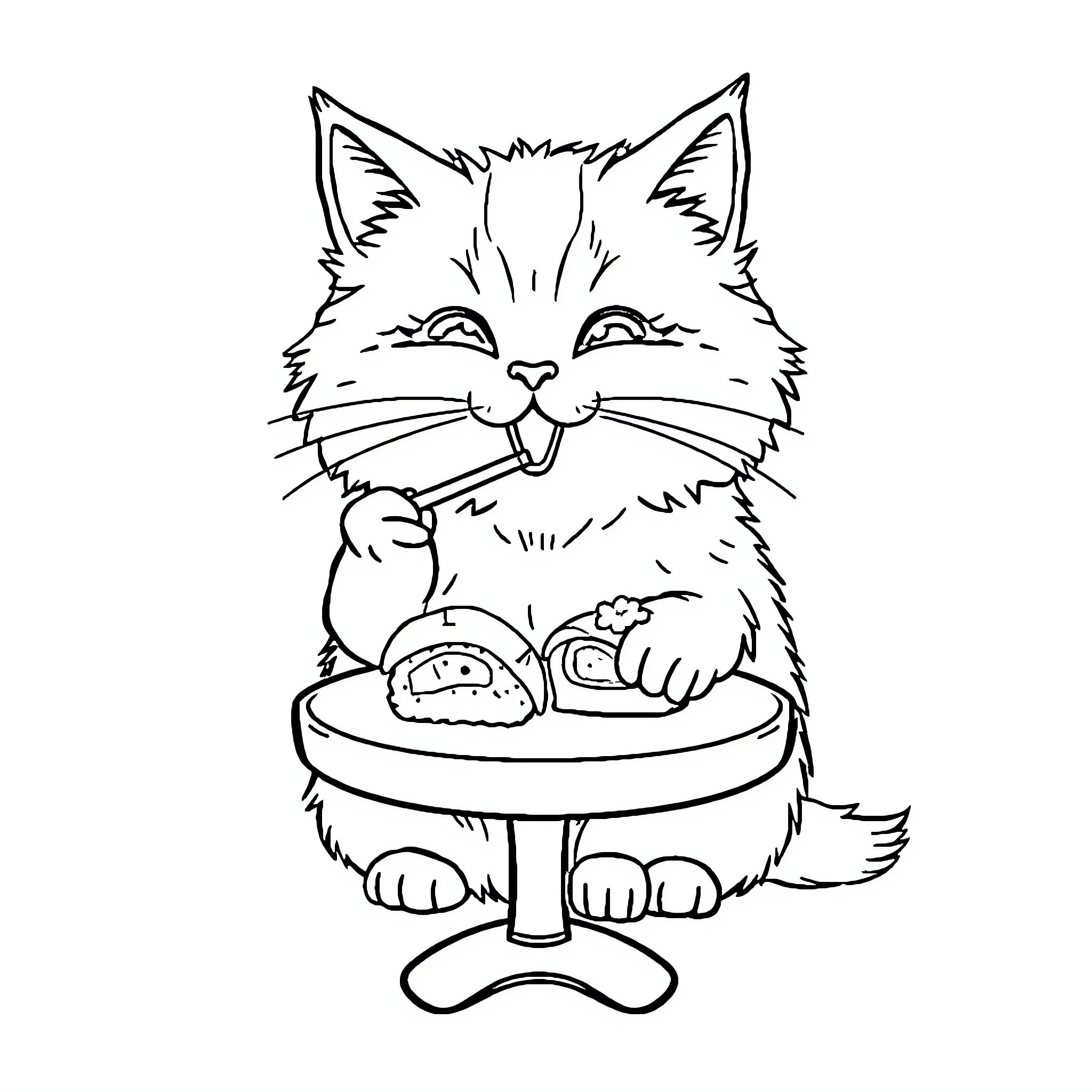 Cat enjoying cozy pet bed Coloring Page (free black-and-white line drawing printable PDF for all, from beginners to advanced learners, including children, teens, adults, and seniors)