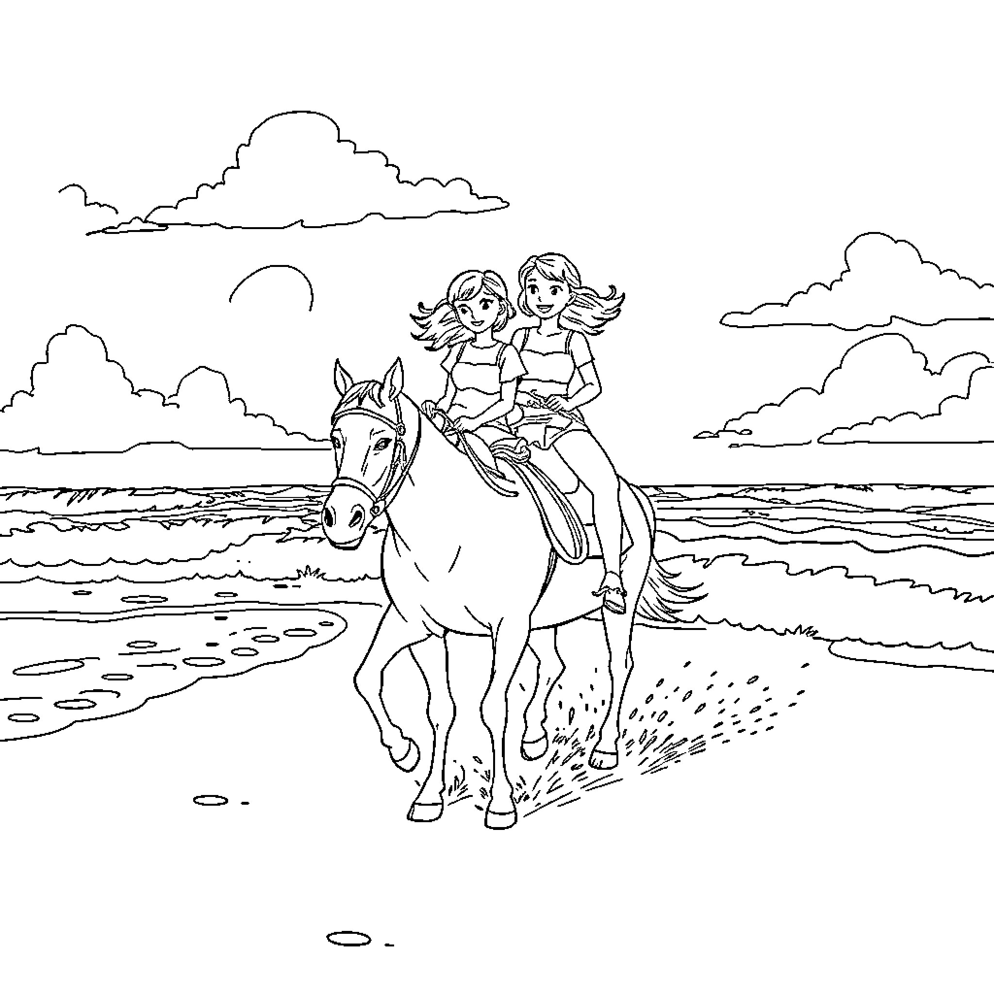 Bibi and Tina riding horses along the beach Coloring Page (free black-and-white line drawing printable PDF for all, from beginners to advanced learners, including children, teens, adults, and seniors)
