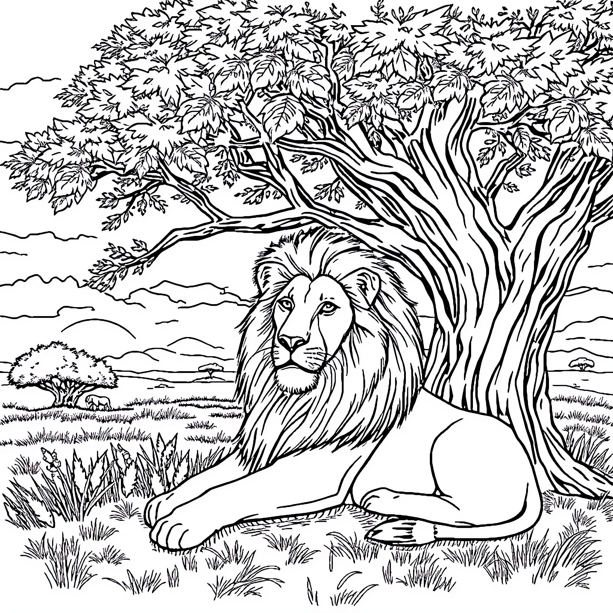 Lion resting peacefully in the serene wilderness Coloring Page (free black-and-white line drawing printable PDF for all, from beginners to advanced learners, including children, teens, adults, and seniors)