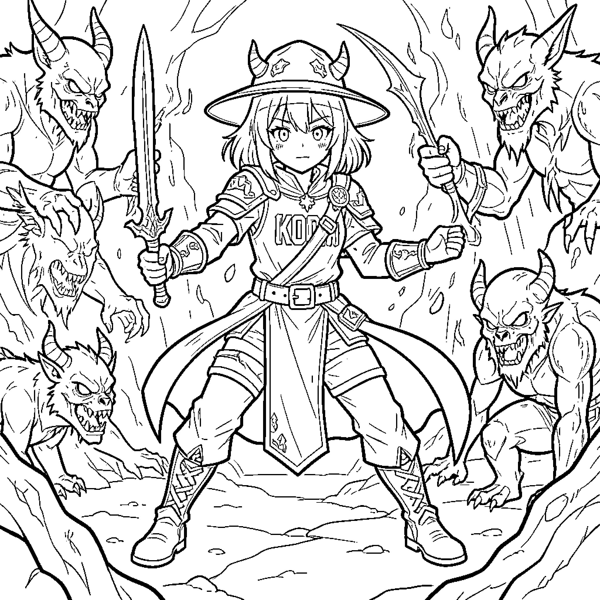 Kpop Demon warrior fighting monsters with a sword Coloring Page (free black-and-white line drawing printable PDF for all, from beginners to advanced learners, including children, teens, adults, and seniors)